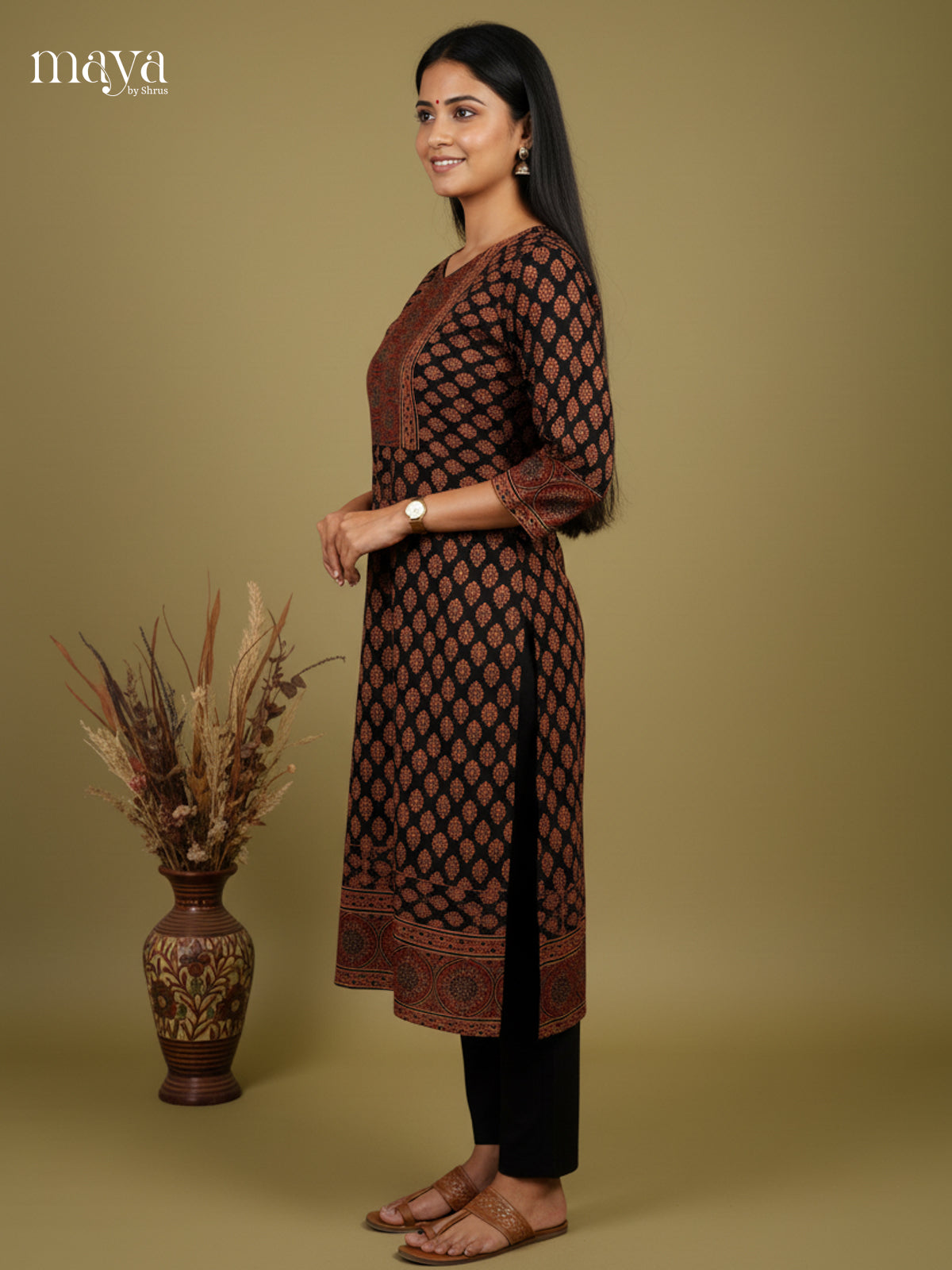 Black & Maroon Ajrakh printed Readymade Kurti with neck yoke - MEC11013