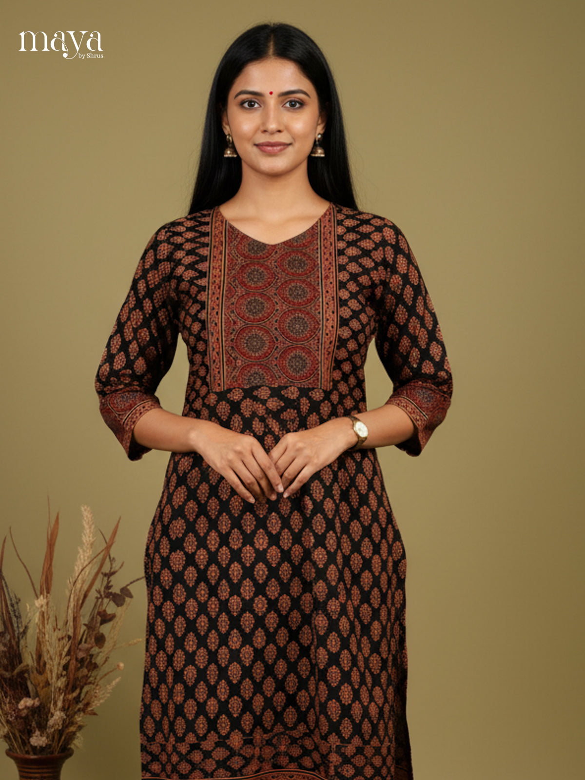 Black & Maroon Ajrakh printed Readymade Kurti with neck yoke - MEC11013