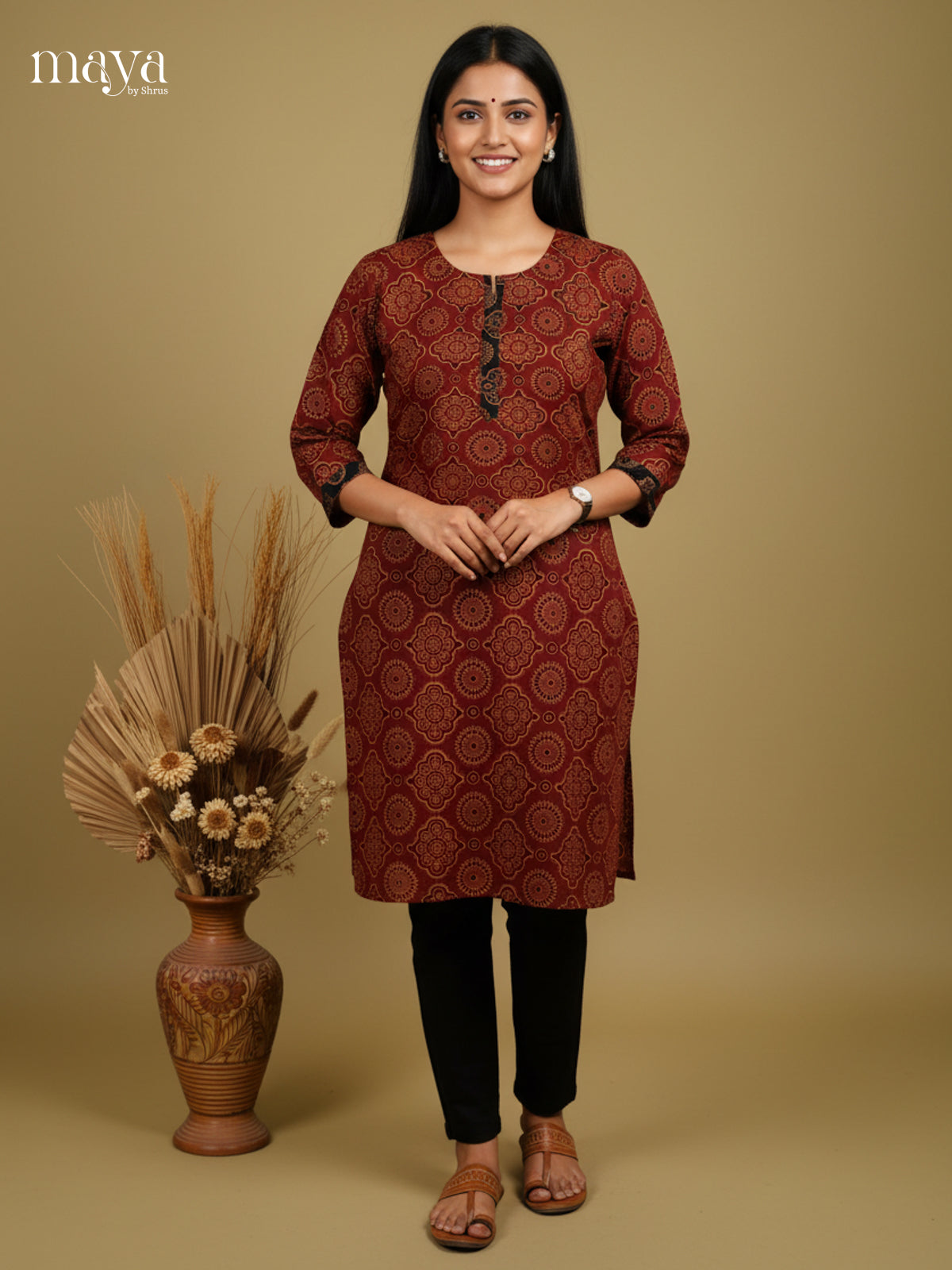 Beautiful Maroon Ajrakh printed Readymade Kurti - MEC11017