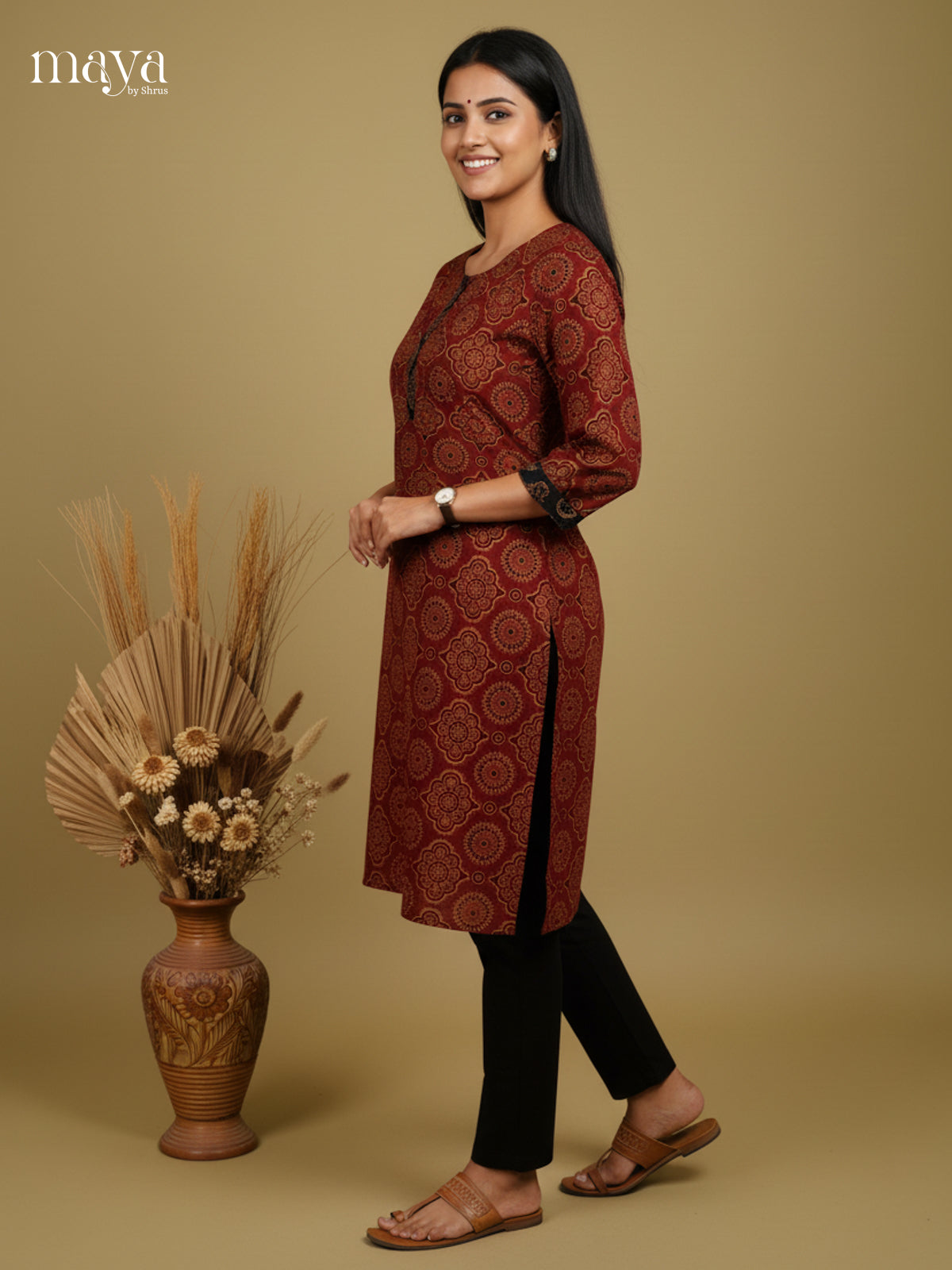 Beautiful Maroon Ajrakh printed Readymade Kurti - MEC11017