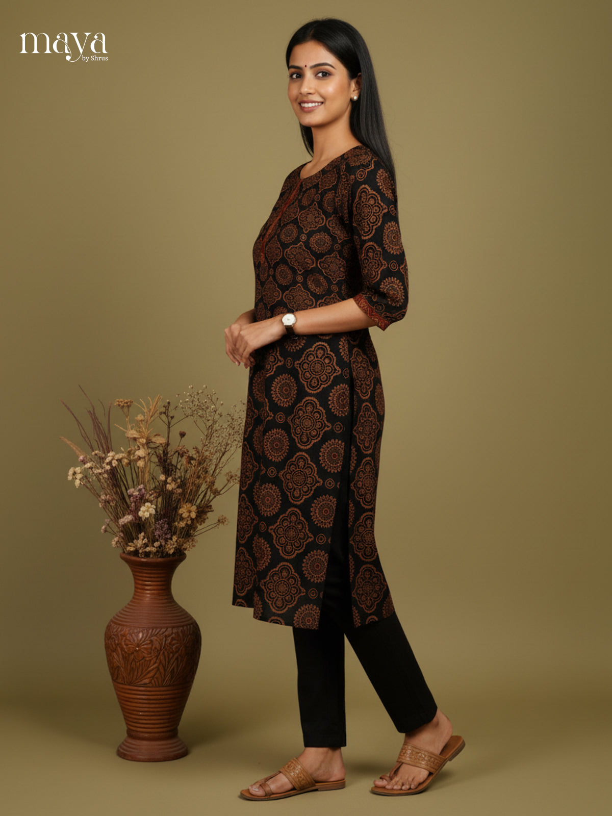Black Ajrakh printed Readymade Kurti - MEC11018