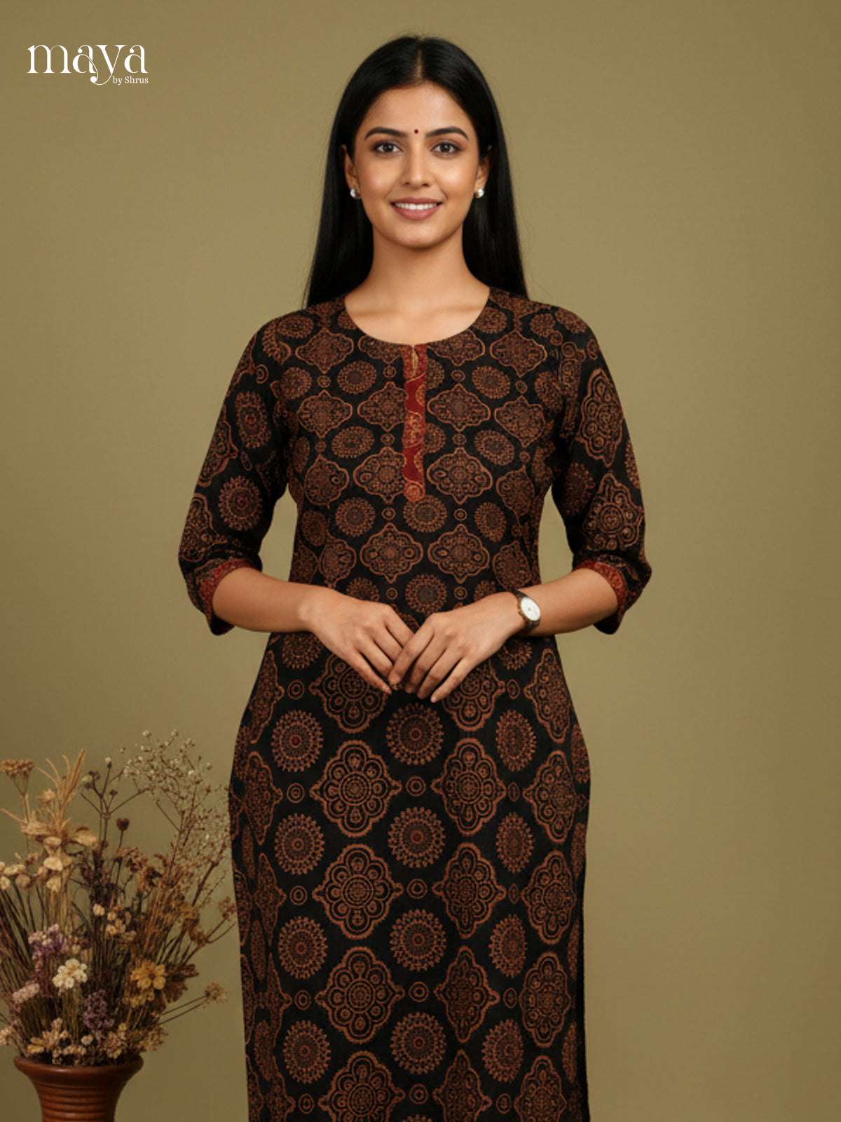 Black Ajrakh printed Readymade Kurti - MEC11018