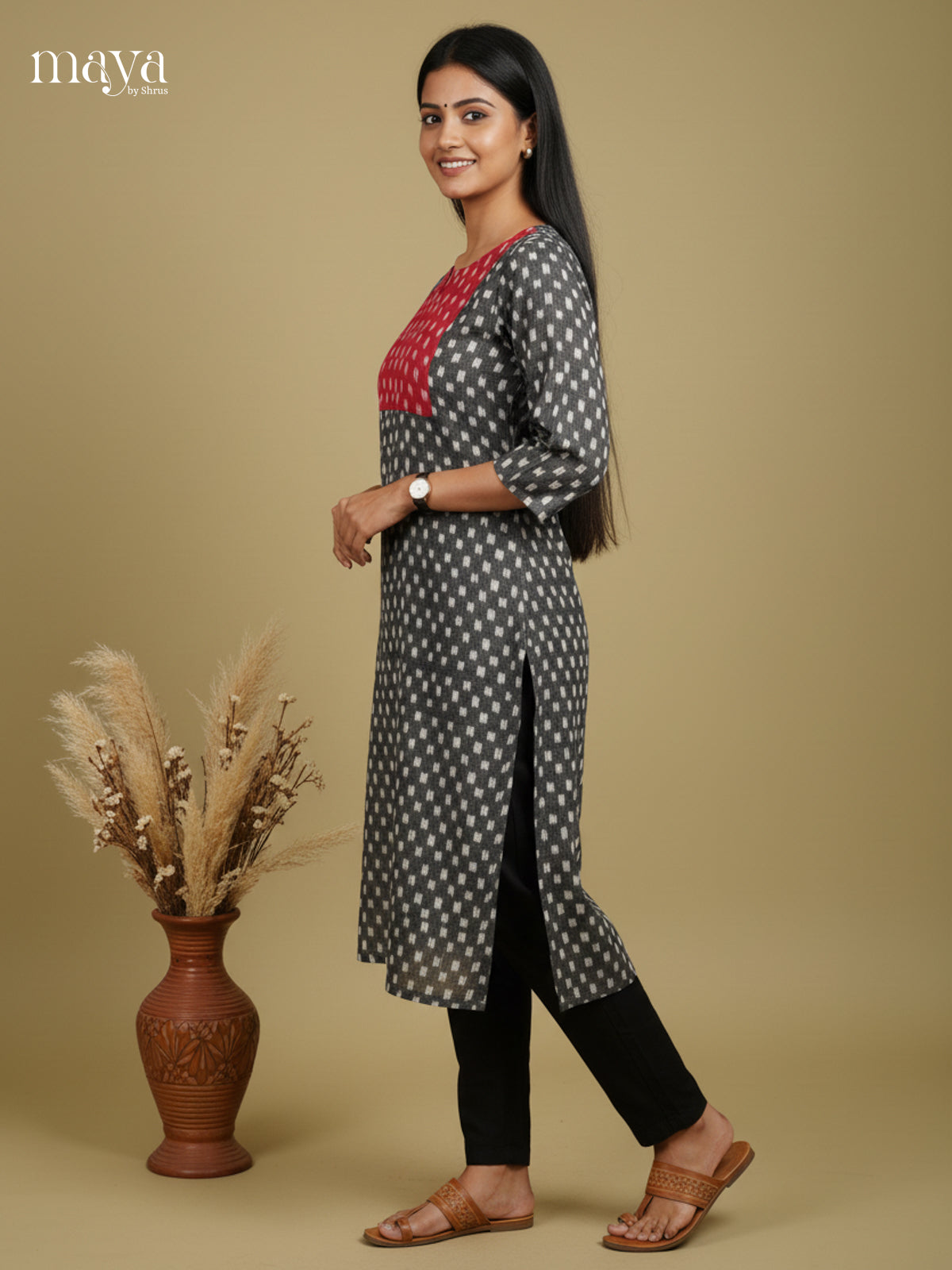 Elephant Grey & Red Ikkat cotton Readymade Kurti with neck yoke - MEC11023