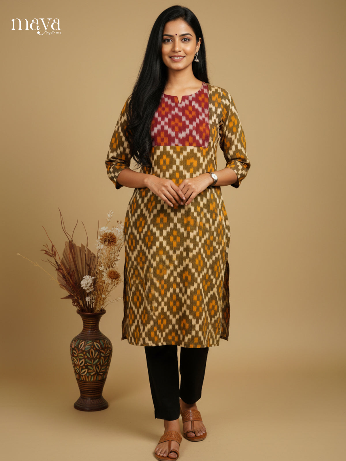 Mehandi Green & Maroon Ikkat Cotton Readymade Kurti with neck yoke - MEC11024