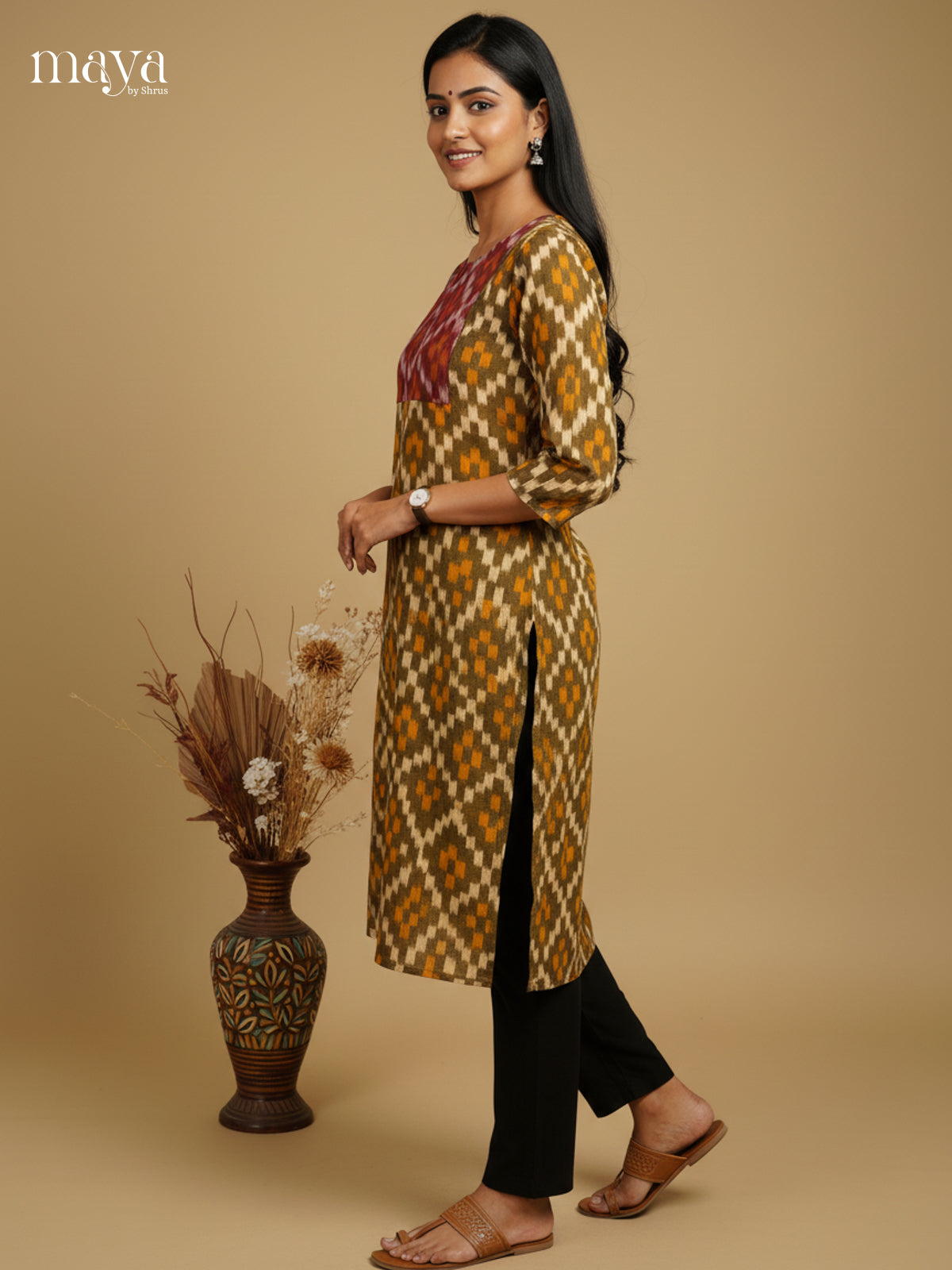 Mehandi Green & Maroon Ikkat Cotton Readymade Kurti with neck yoke - MEC11024