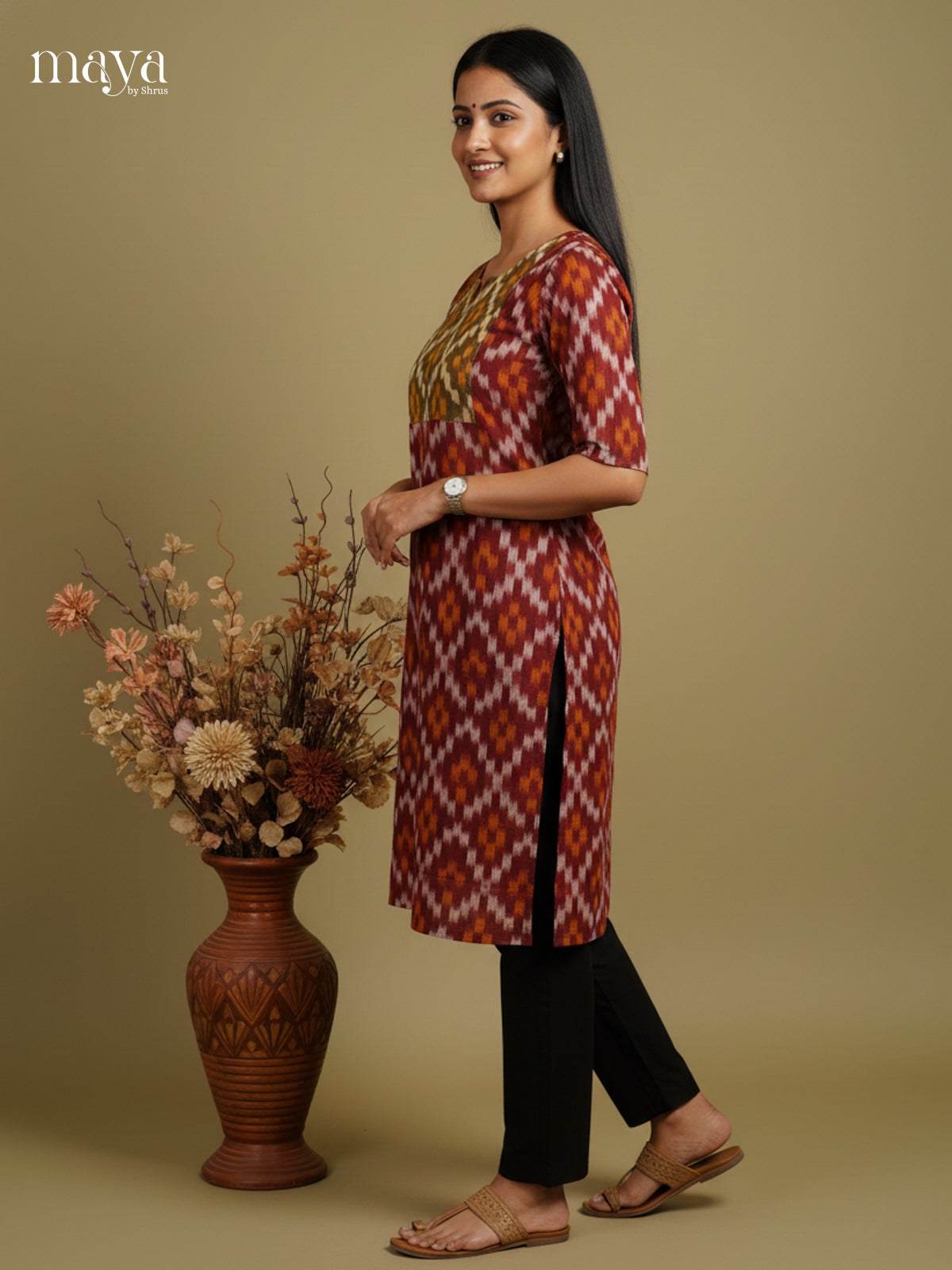 Maroon & Green Ikkat Readymade Kurti with neck yoke - MEC11025