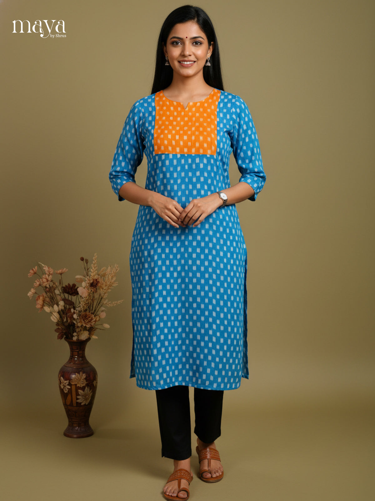 Blue & Orange Ikkat Readymade Kurti with neck yoke- MEC11027