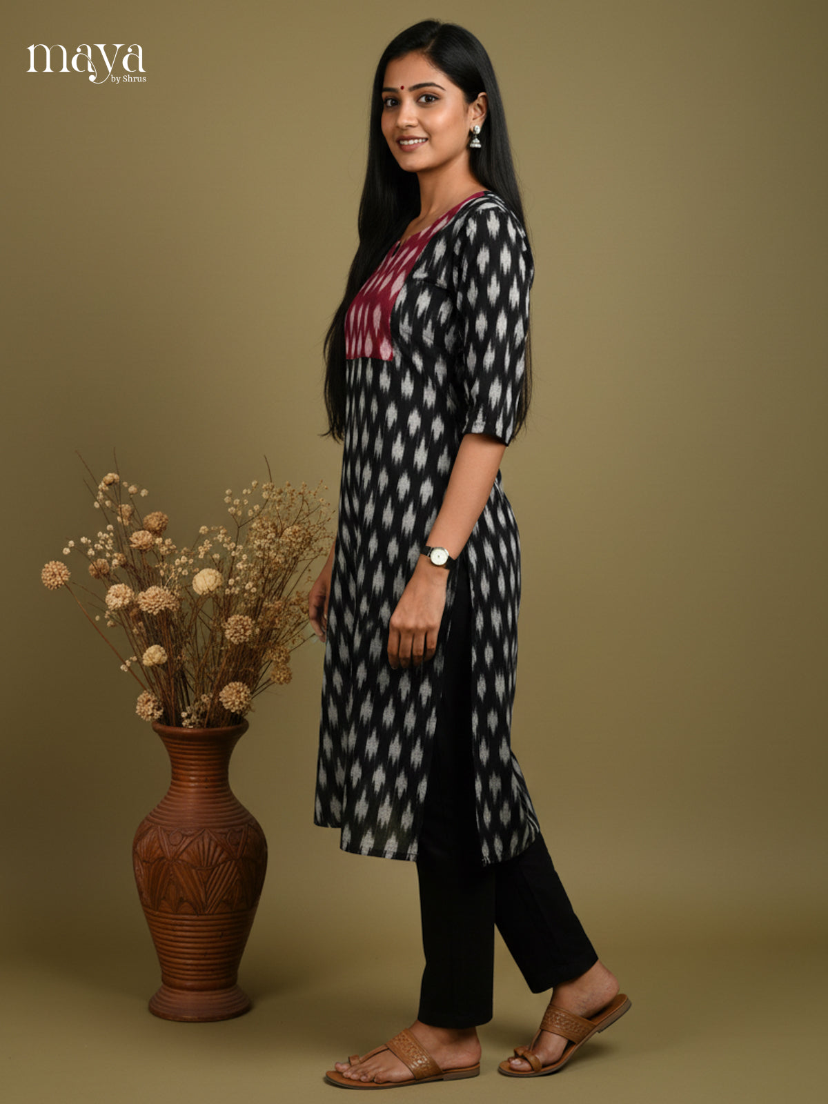 Black & Maroon Ikkat Readymade Kurti with neck yoke - MEC11028