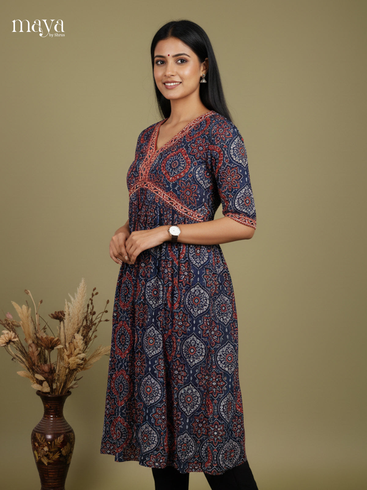 Aliya Cut Ajrakh Readymade Kurti - MEE07027