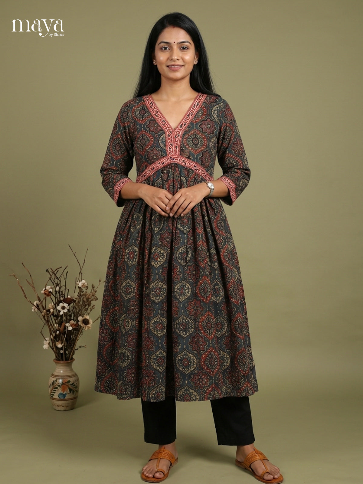 Aliya Cut Ajrakh Readymade Kurti - MEE07028