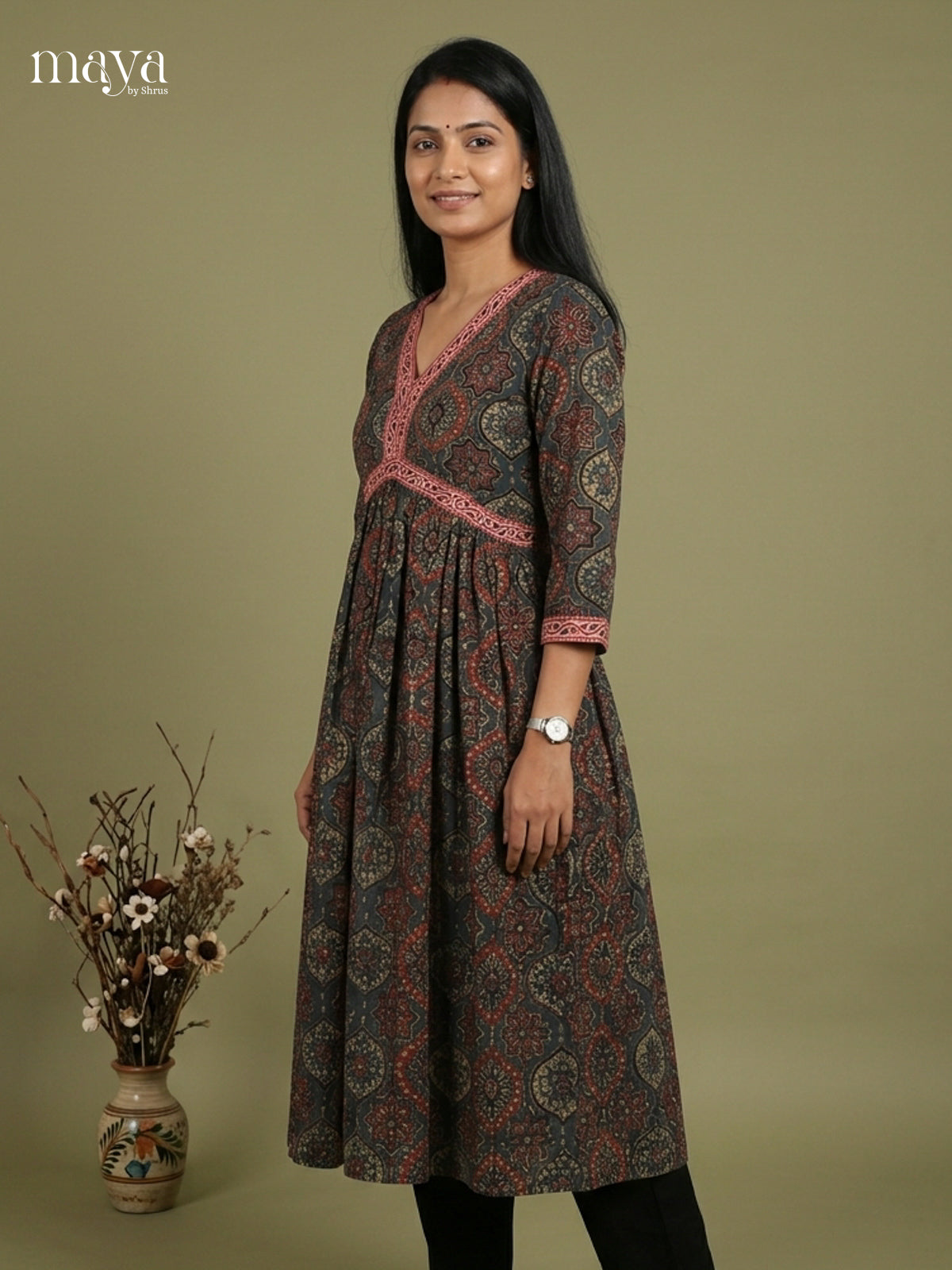Aliya Cut Ajrakh Readymade Kurti - MEE07028