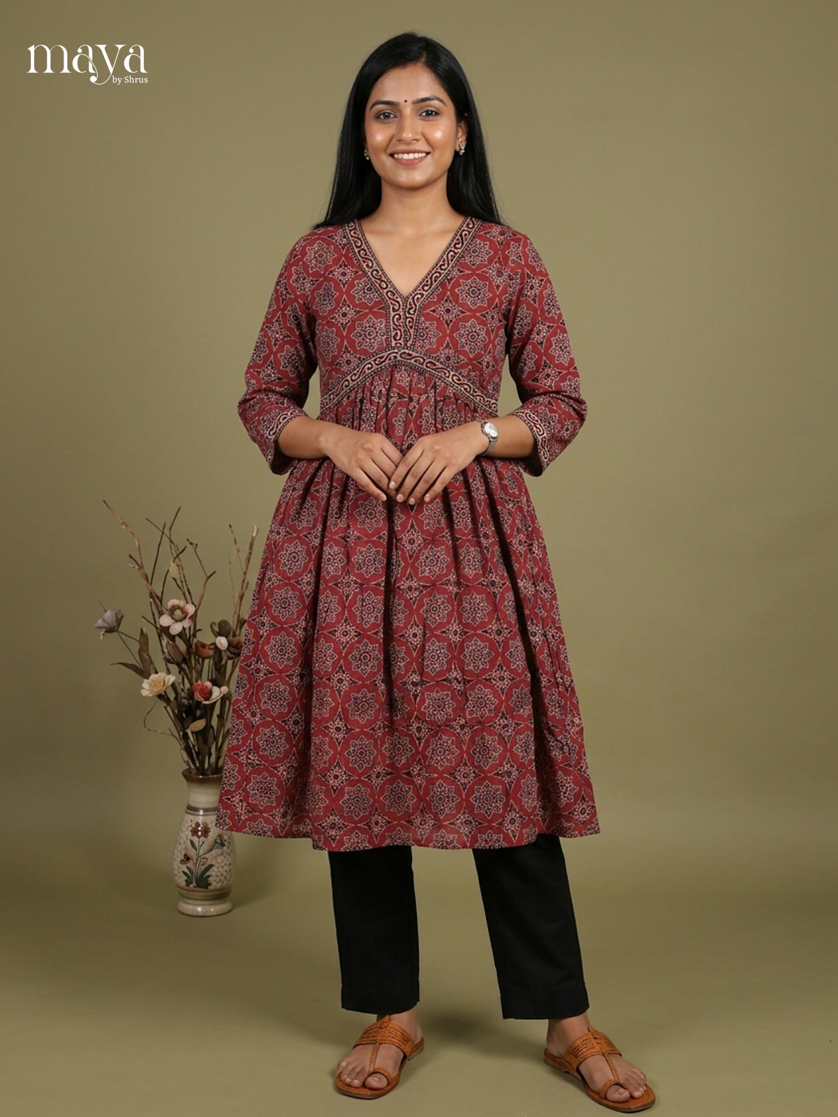 Aliya Cut Ajrakh Readymade Kurti - MEE07036