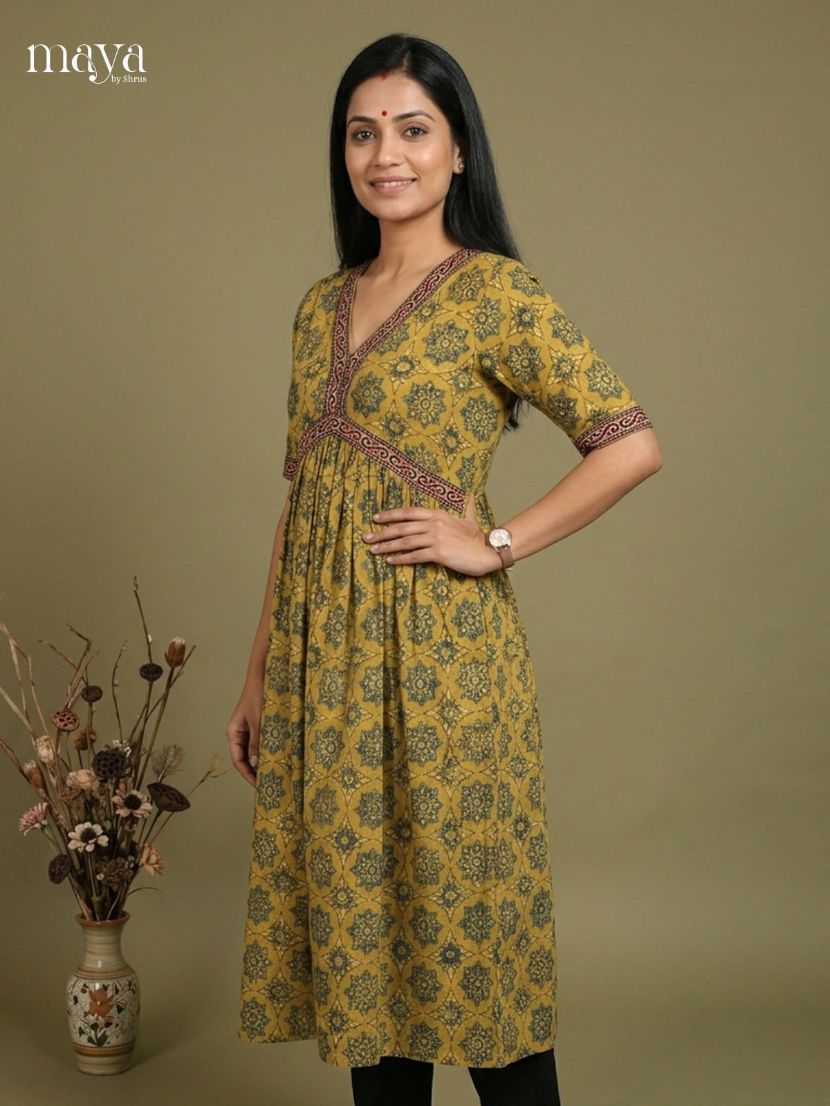 Aliya Cut Ajrakh Readymade Kurti - MEE07040
