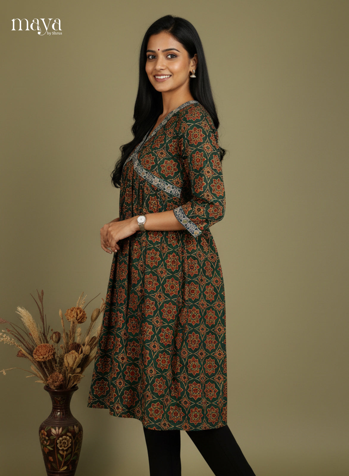 Aliya Cut Ajrakh Readymade Kurti - MEE07041