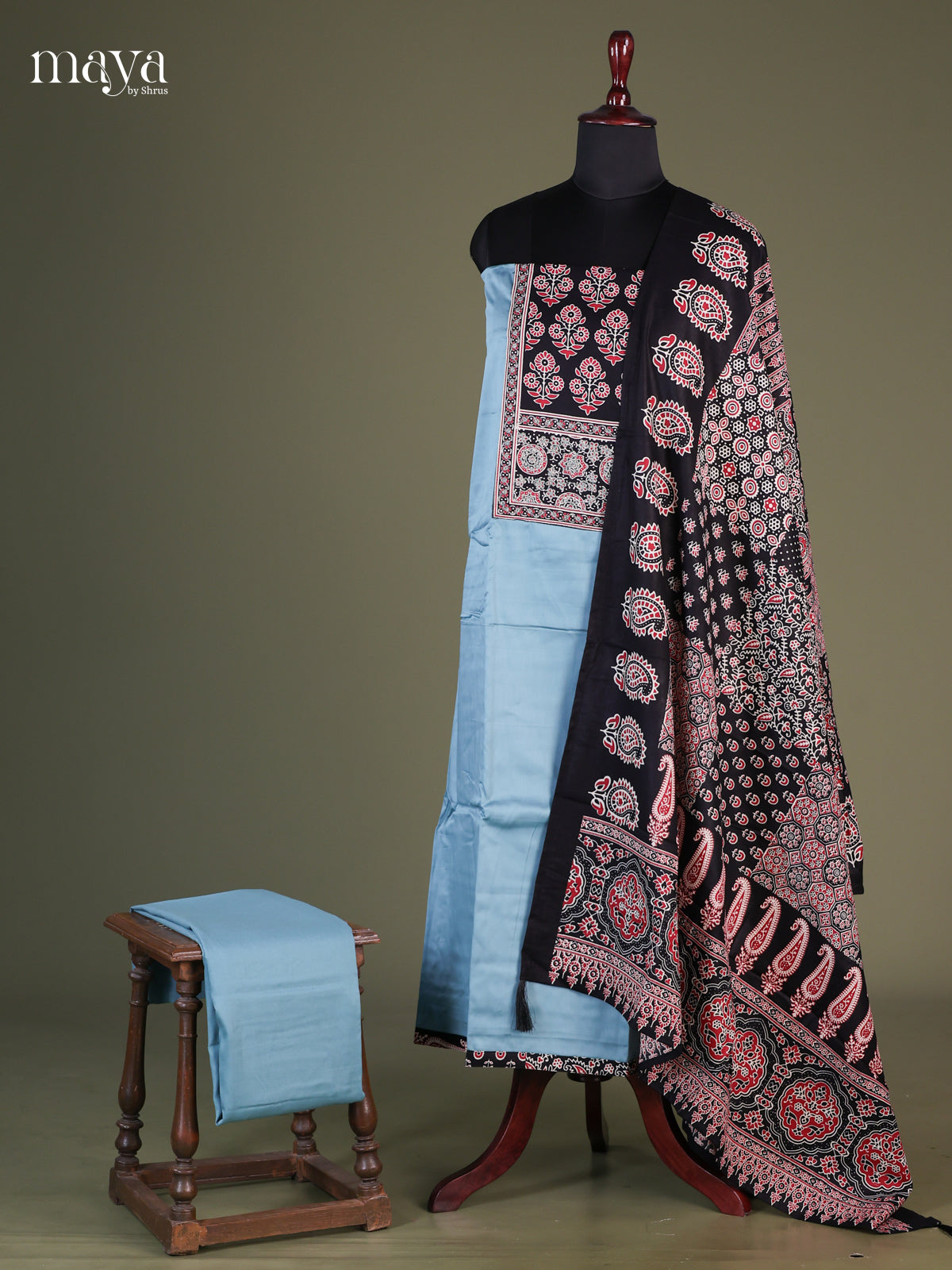 Sky Blue & Black - Cotton salwar Unstitched