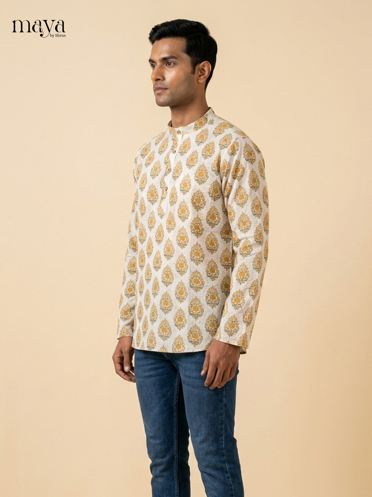 Charming Cream block print Readymade Mens Kurta