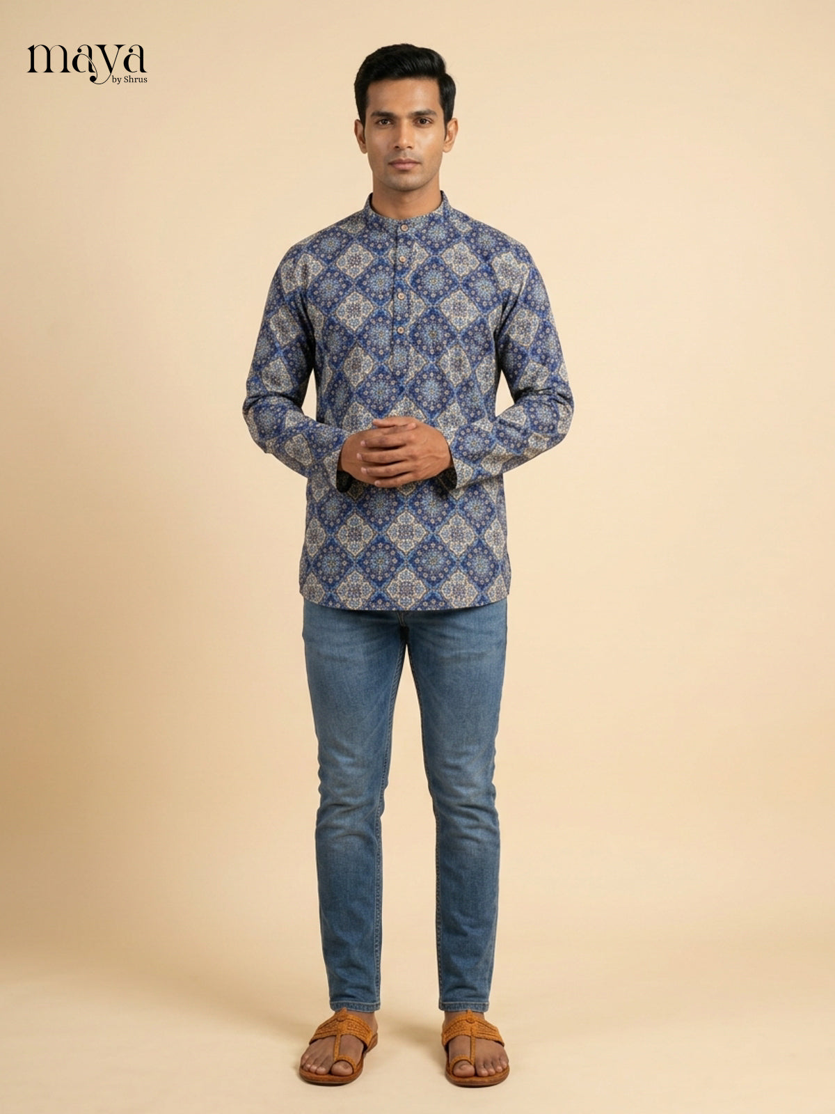 Trendy Blue & Grey Geometric printed Readymade Mens Kurta