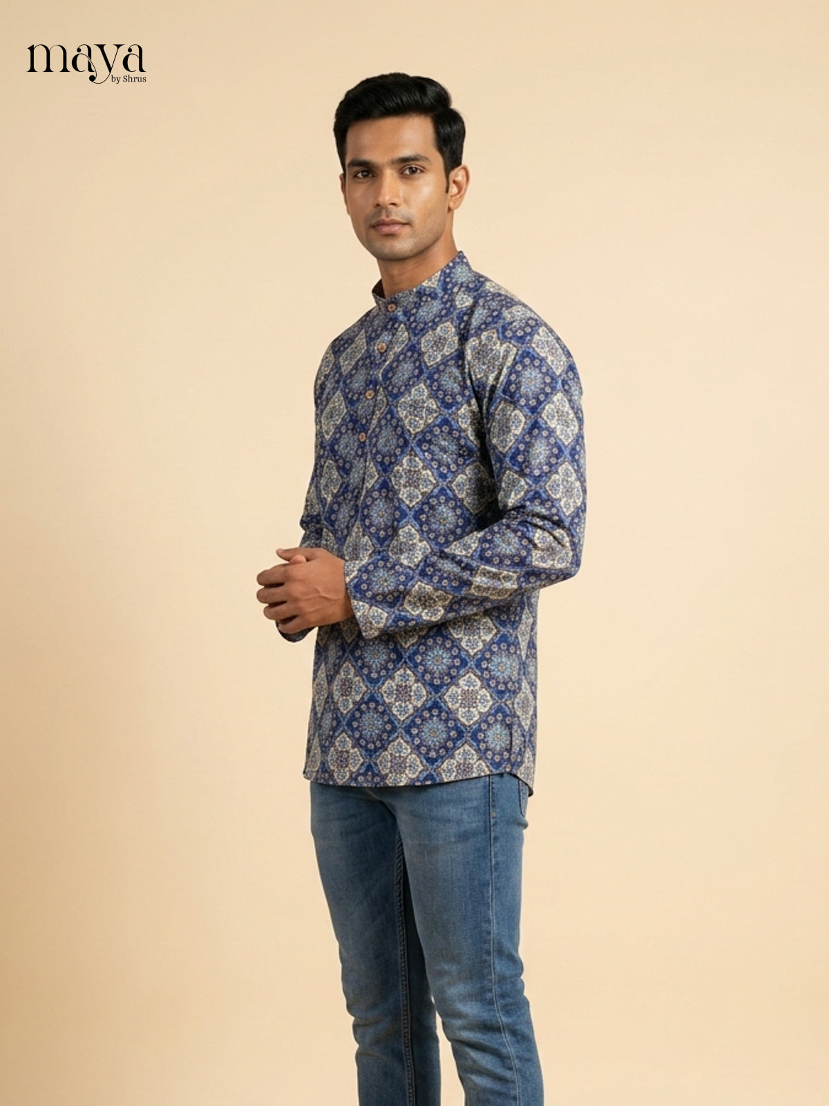 Trendy Blue & Grey Geometric printed Readymade Mens Kurta