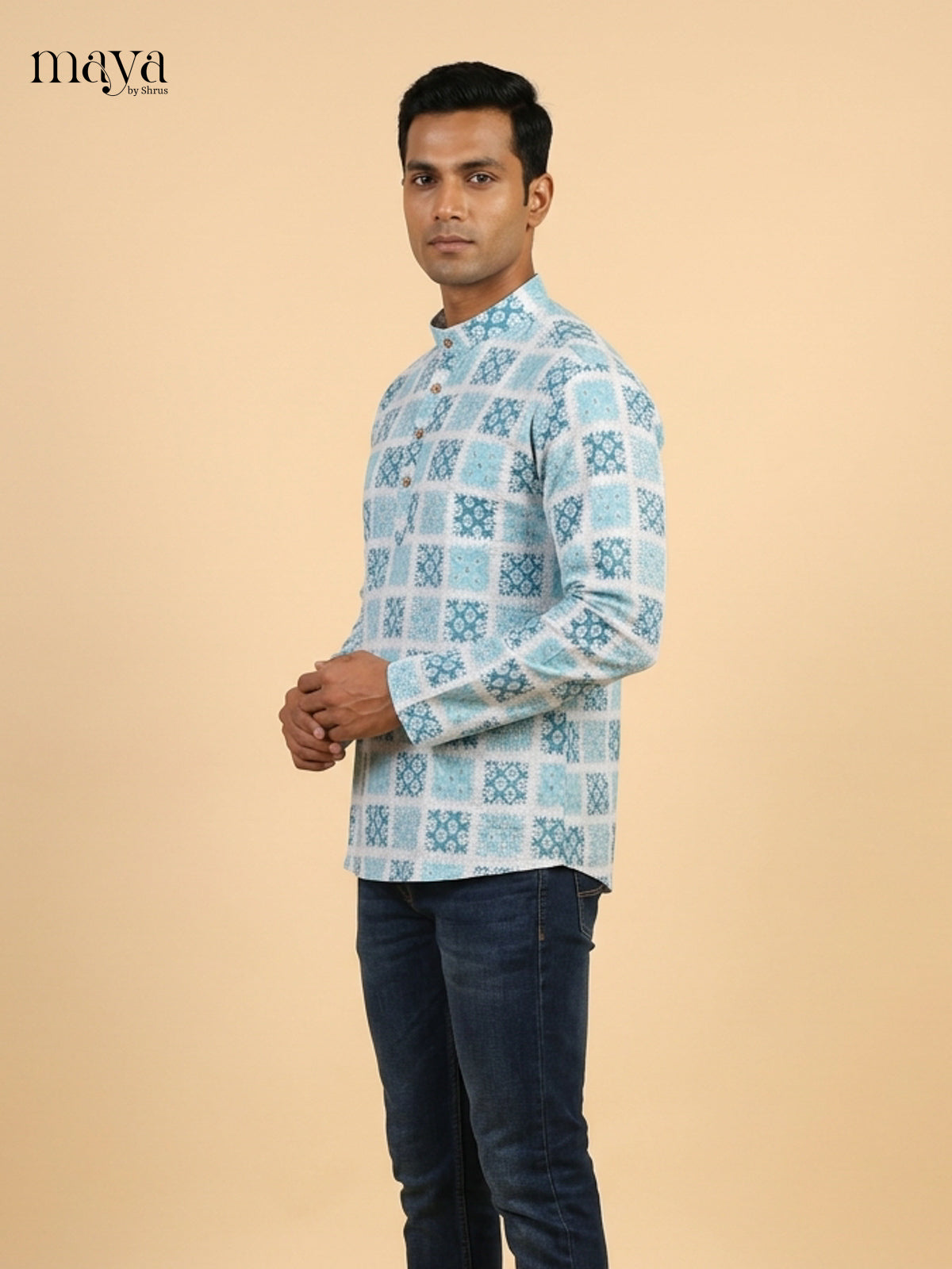 Regal White & Blue block printed Readymade Mens Kurta
