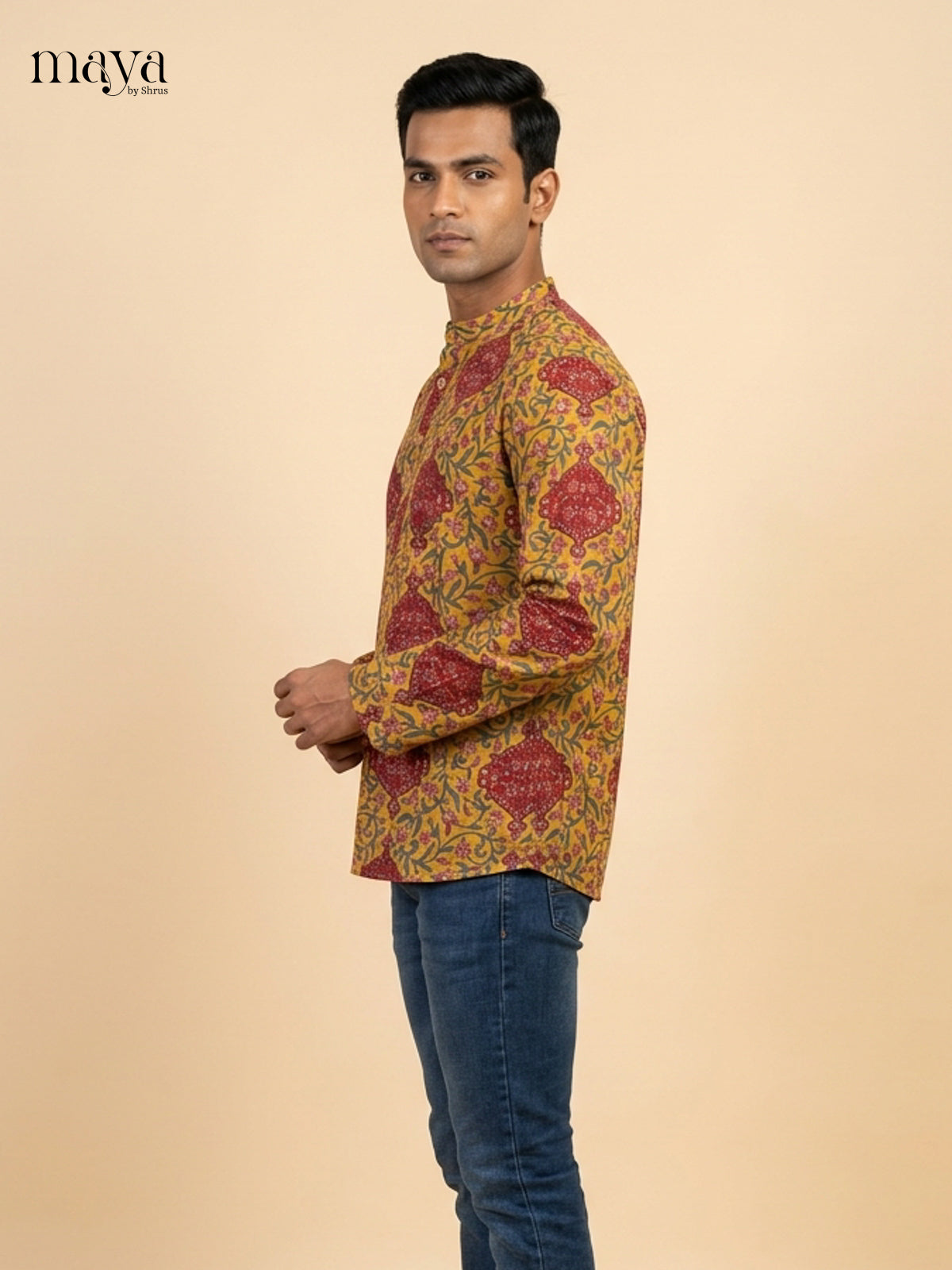 Bright Mustard & Maroon Block Printed Readymade Mens Kurta