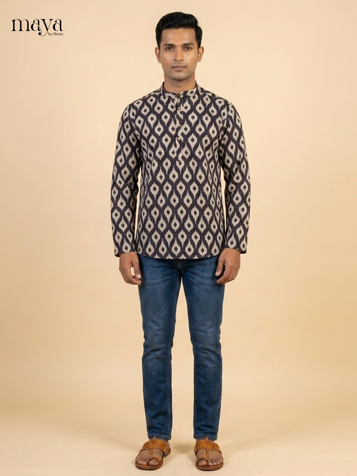 Stylish Black Block Printed Readymade Mens Kurta