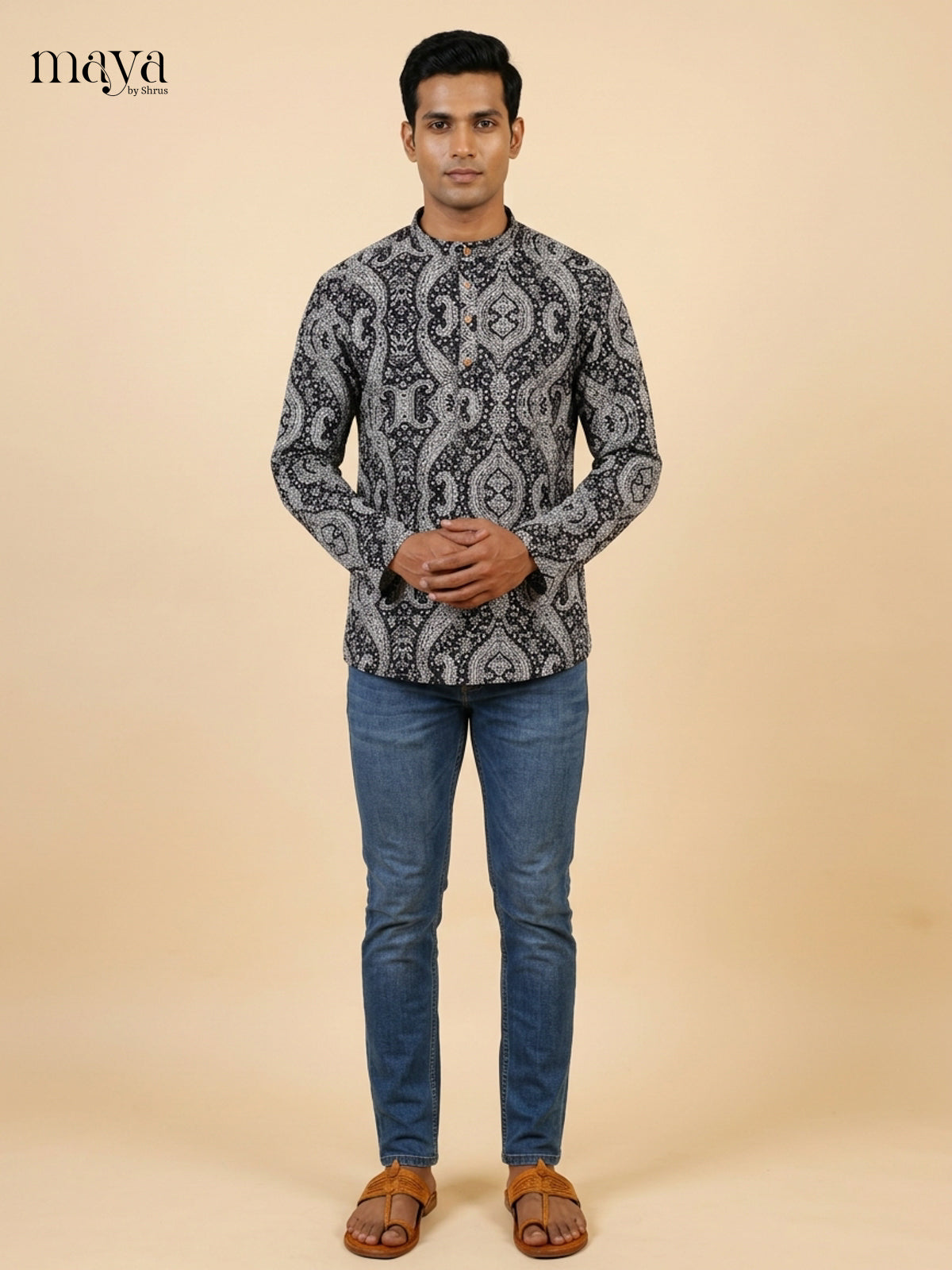 Elegant Black & Grey abstract printed Readymade Mens Kurta