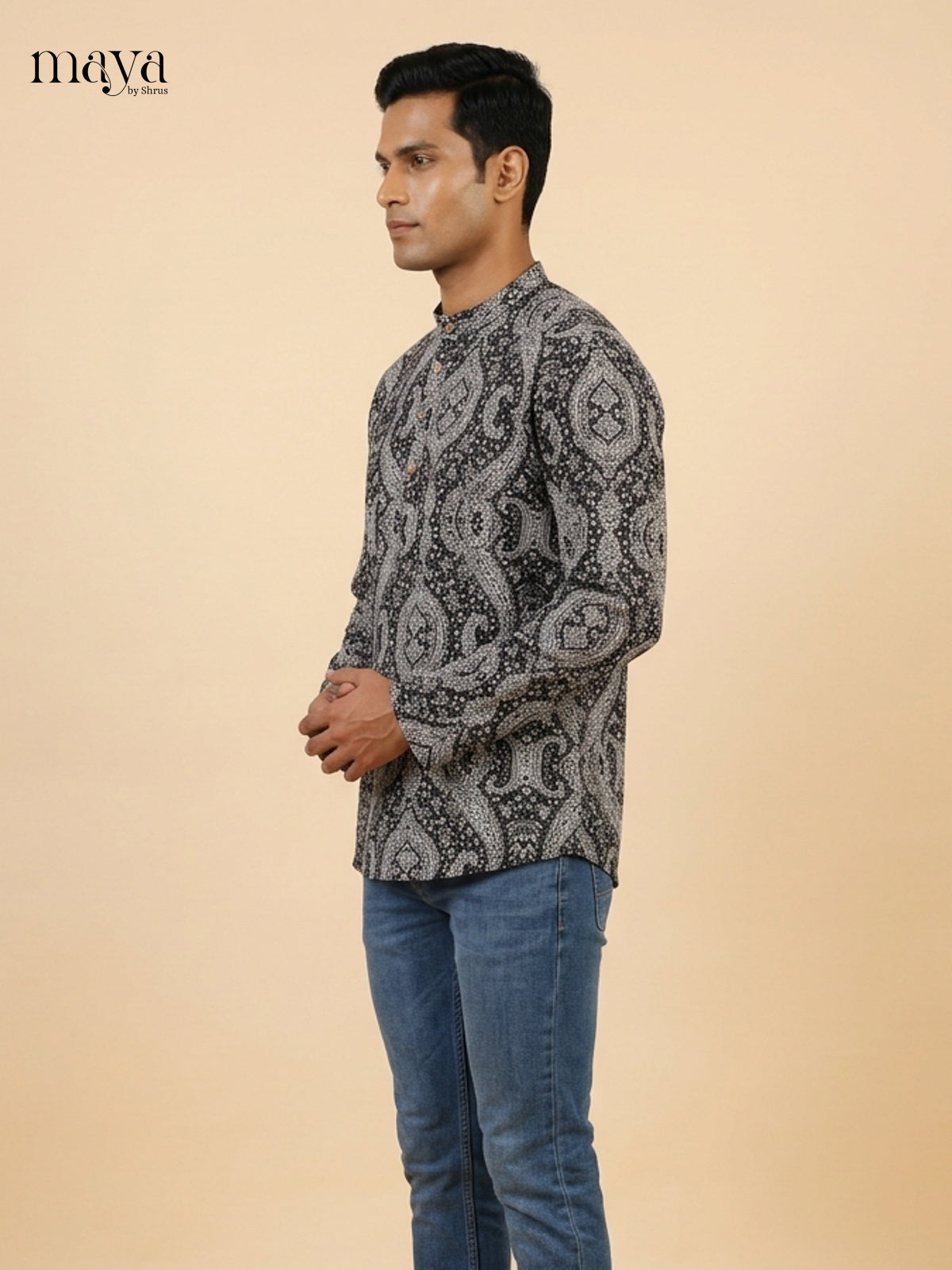 Elegant Black & Grey abstract printed Readymade Mens Kurta