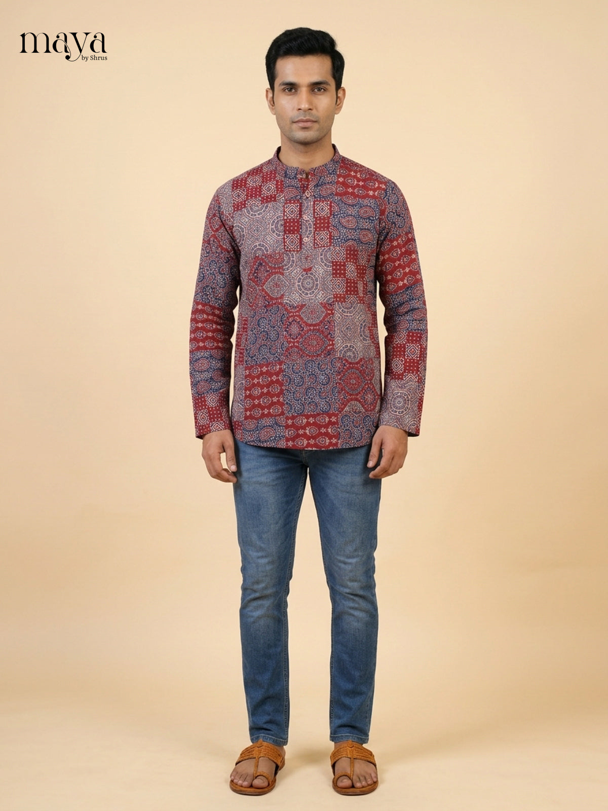 Classy Maroon & Grey block printed Readymade Mens Kurta