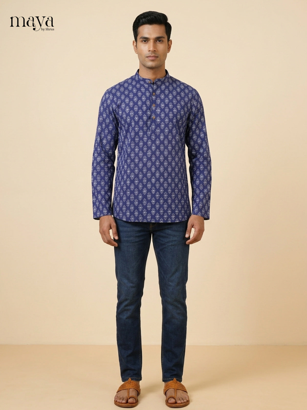 Vibrant Blue Block prints Readymade Mens Kurta