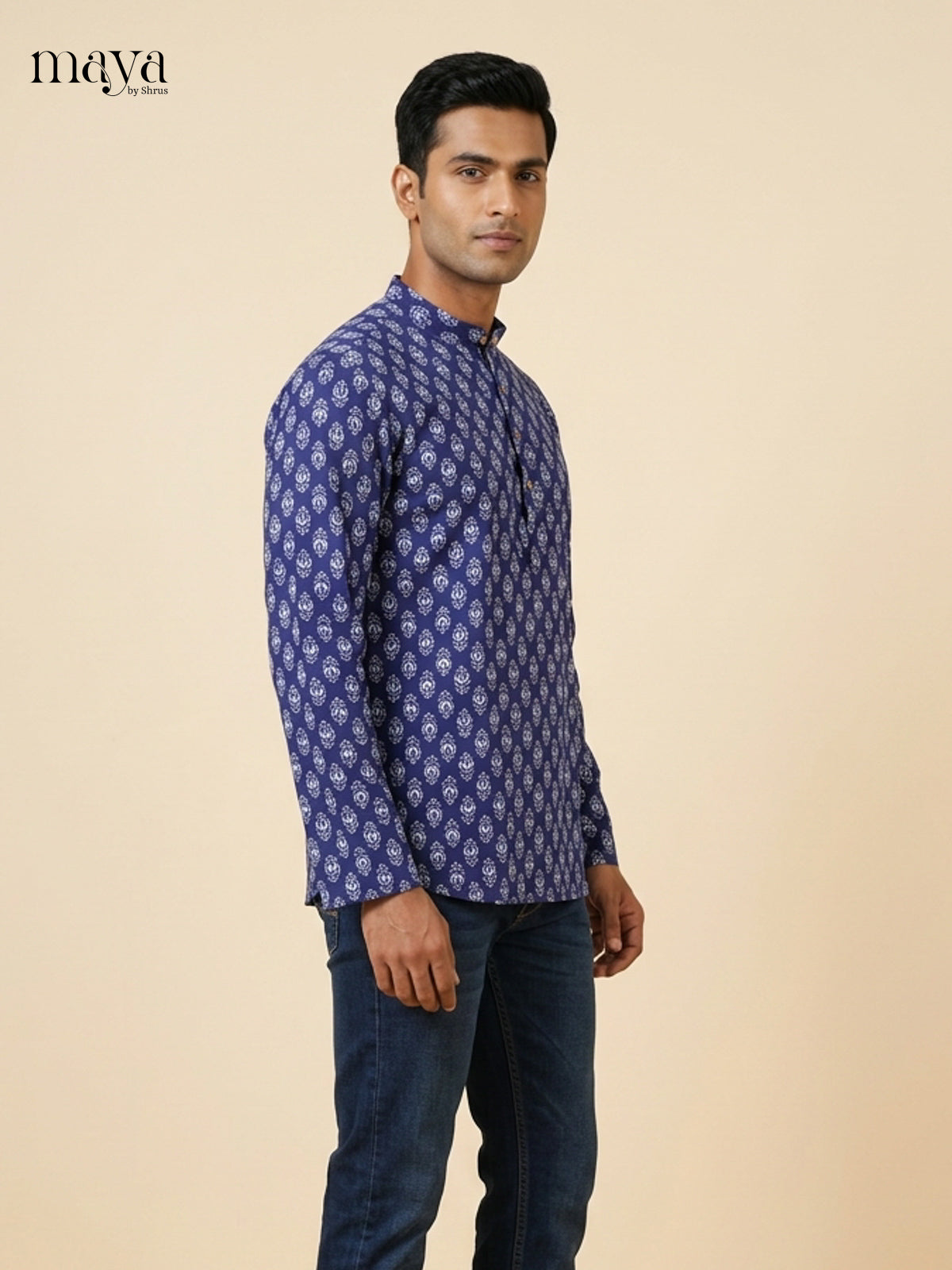 Vibrant Blue Block prints Readymade Mens Kurta