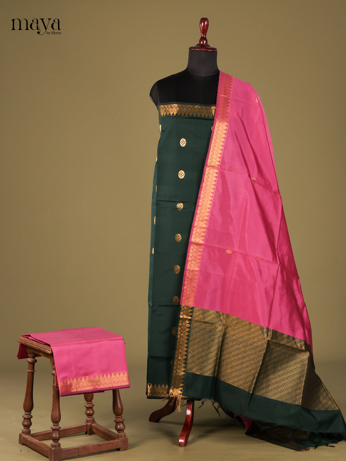 Regal Green semi softsilk salwar unstitch with Pink Dupatta