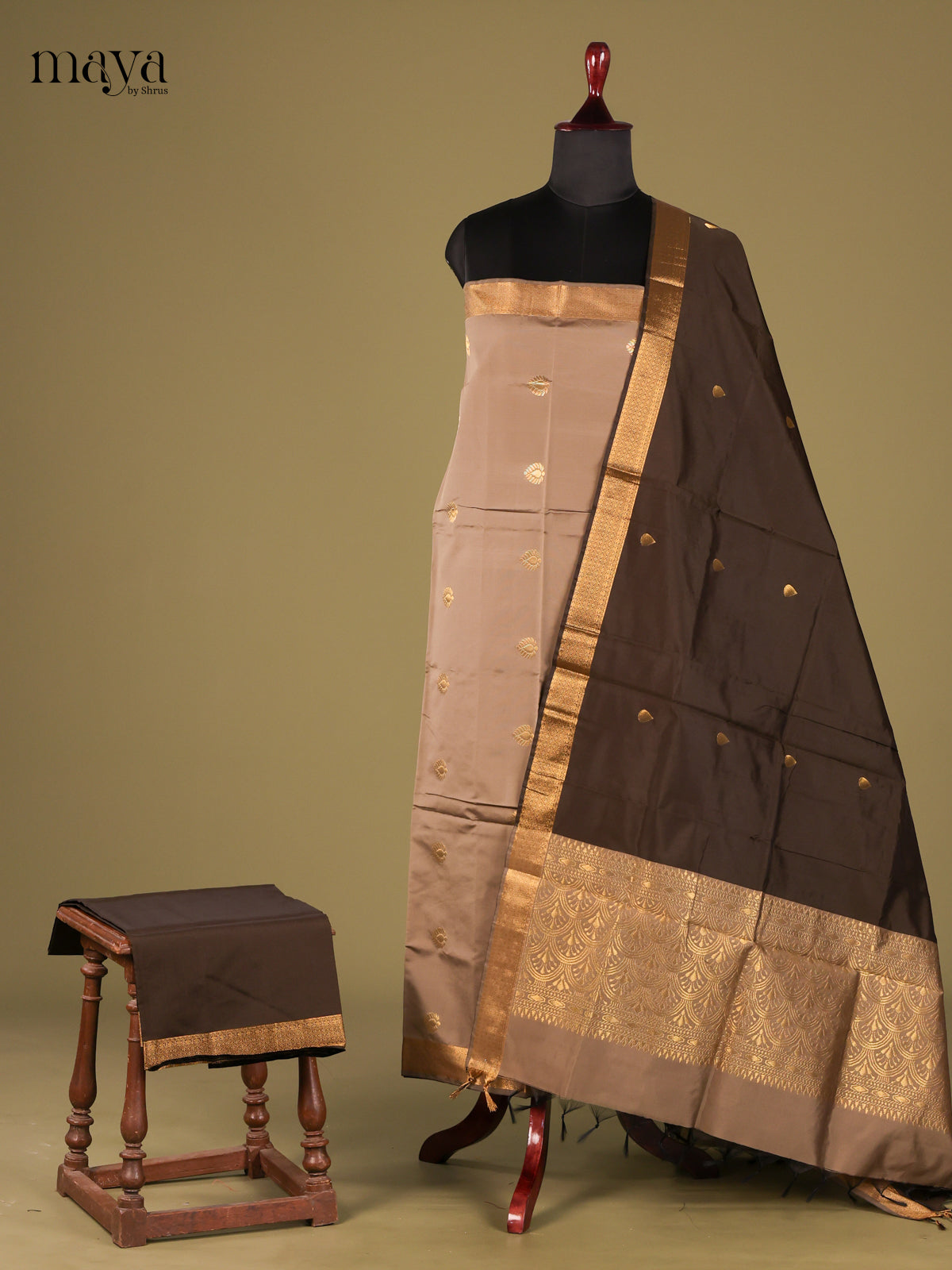 Regal Kashish Grey semi softsilk salwar unstitch with brown dupatta