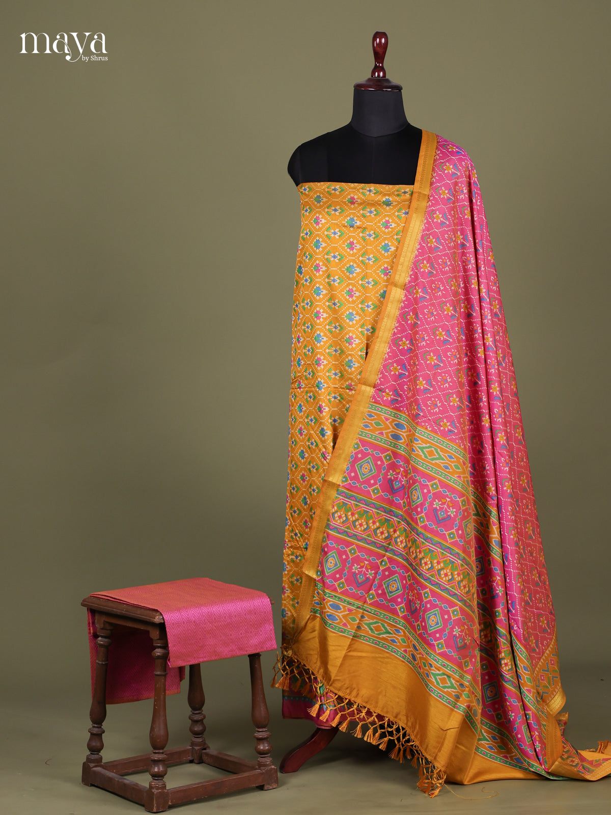 Yellow & Pink - Semi patola salwar Unstitched