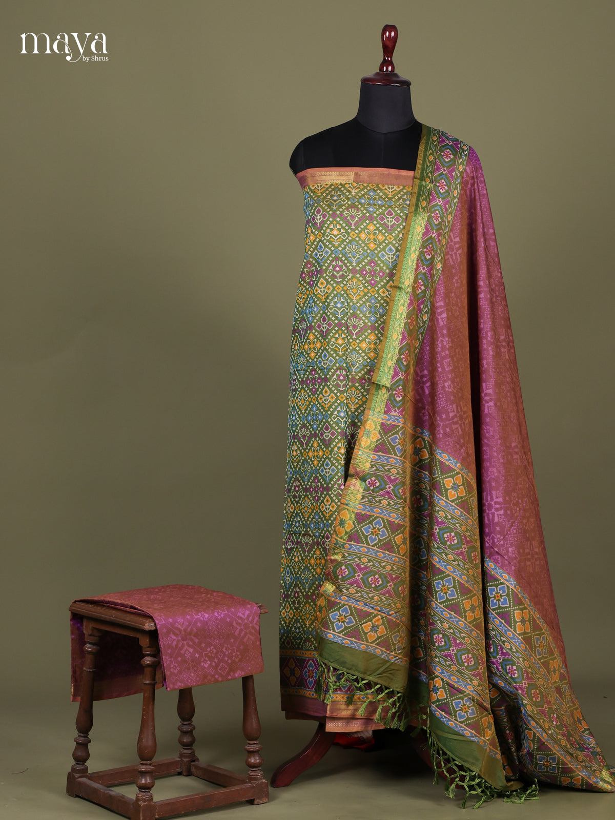 Green & Brown - Semi patola salwar Unstitched