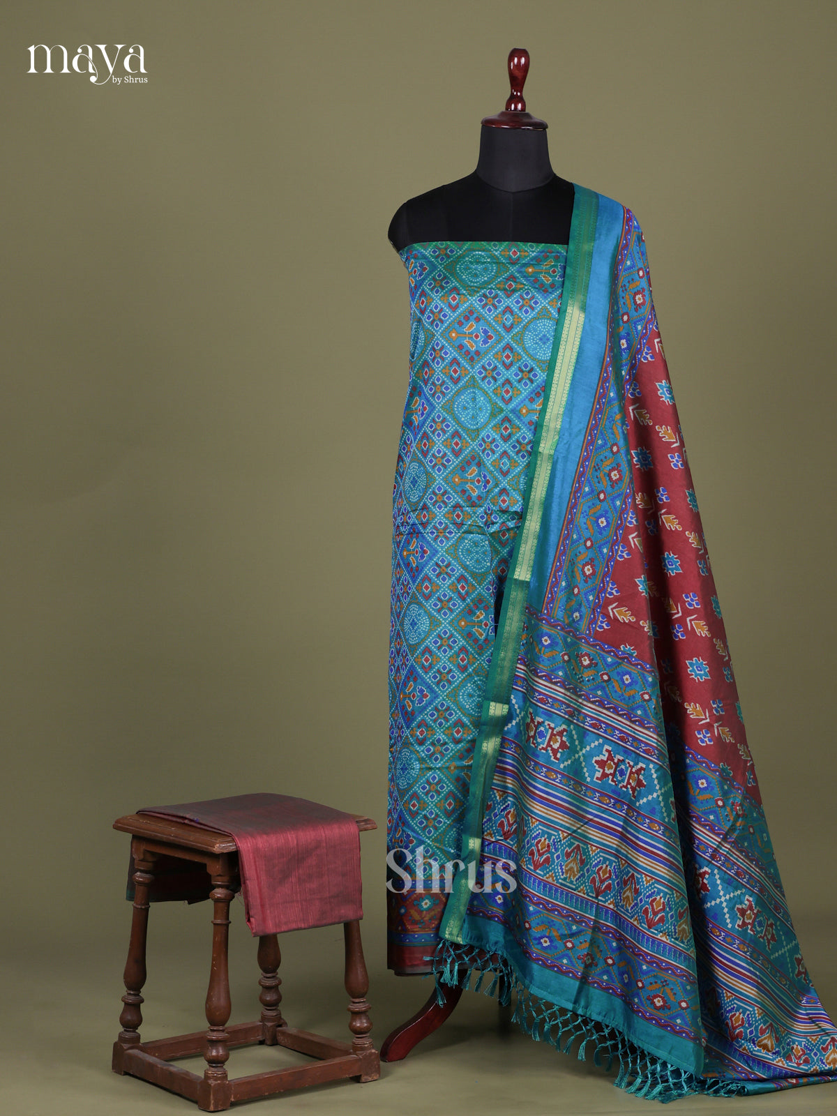 Green & Maroon - Semi patola salwar Unstitched
