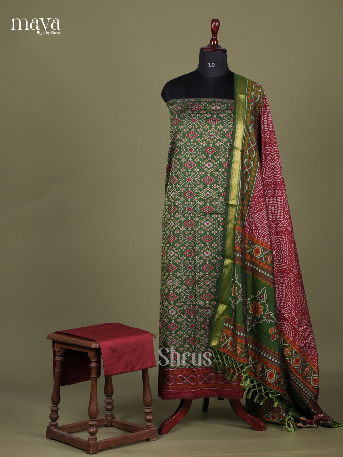 Green & Maroon - Semi patola salwar Unstitched