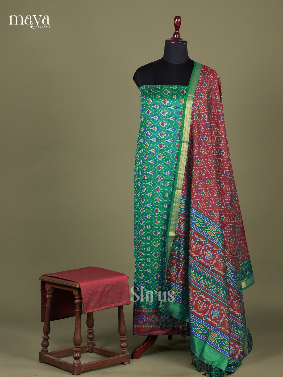 Green & Maroon - Semi patola salwar Unstitched