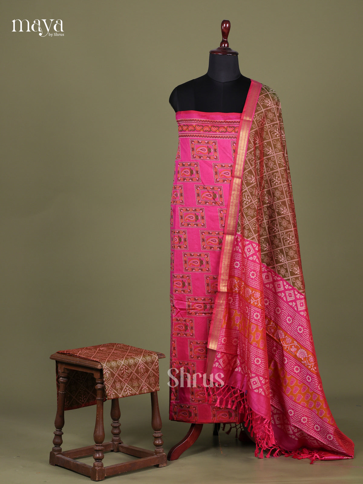 Pink & Brown - Semi patola salwar Unstitched