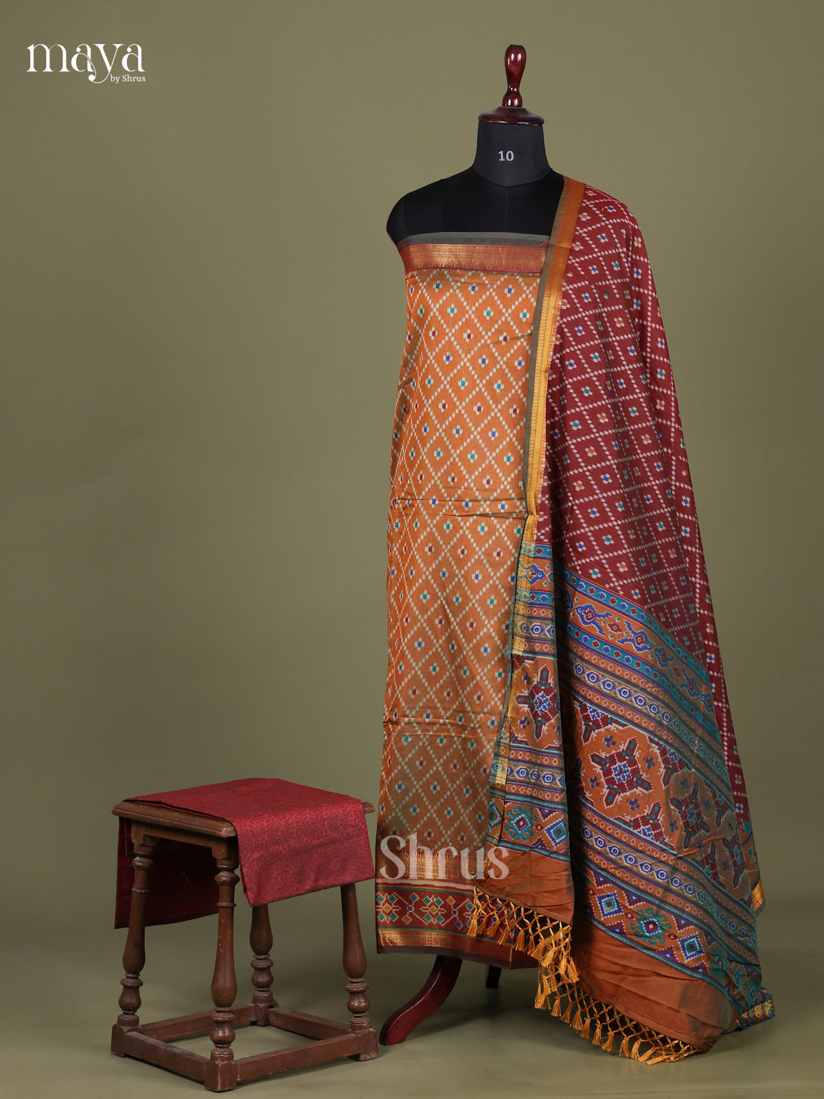 Dark Mustard & Maroon - Semi patola salwar Unstitched