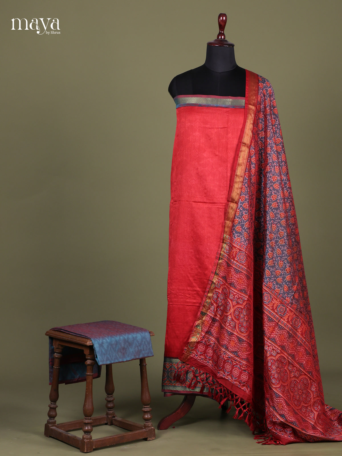 Red & Blue- Semi patola salwar Unstitched