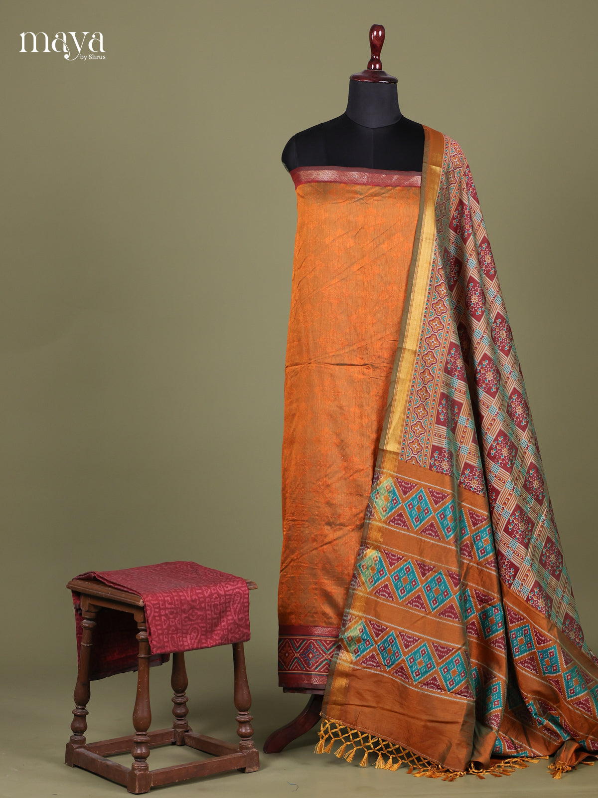 Mustard & Maroon - Semi patola salwar Unstitched
