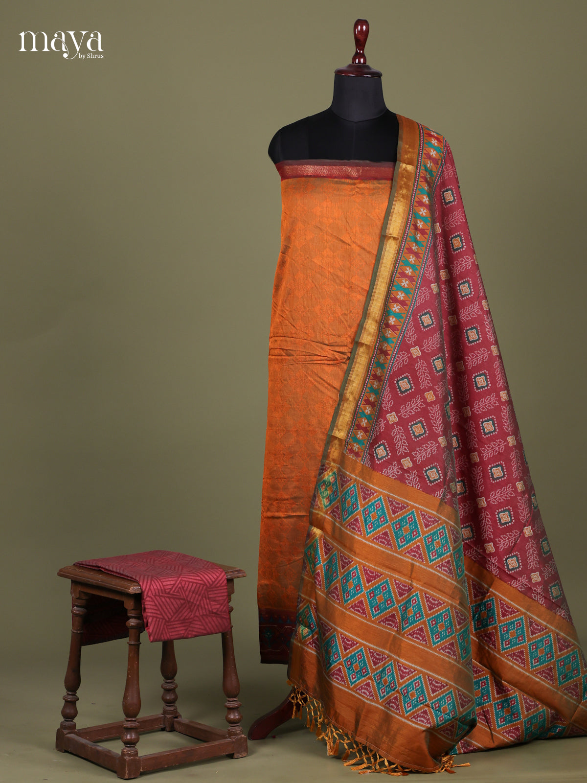 Dark Mustard & Maroon - Semi patola salwar Unstitched