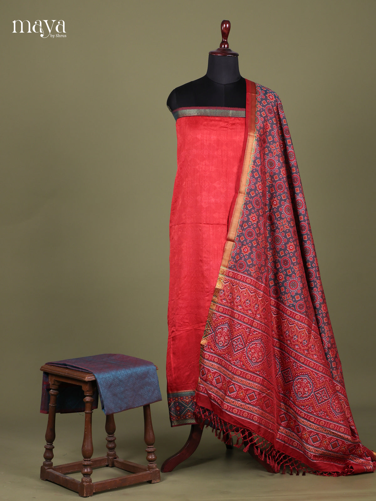 Red & Blue - Semi patola salwar Unstitched