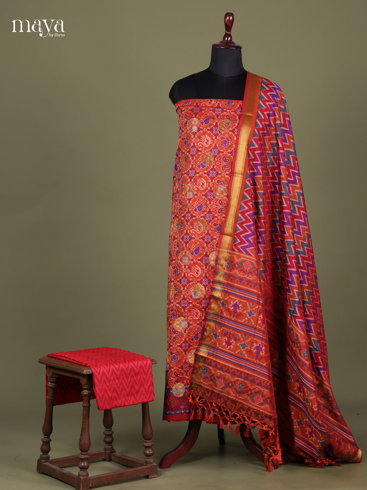 Orange & Red - Semi patola salwar unstitched