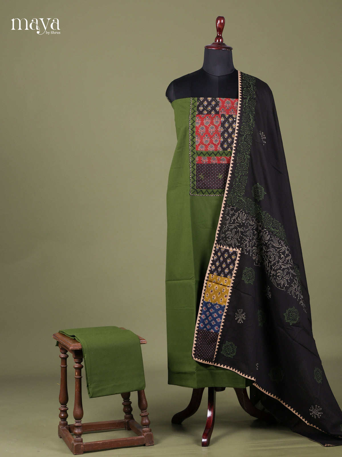 Green & Black - Ajrakh Salwar Unstitched