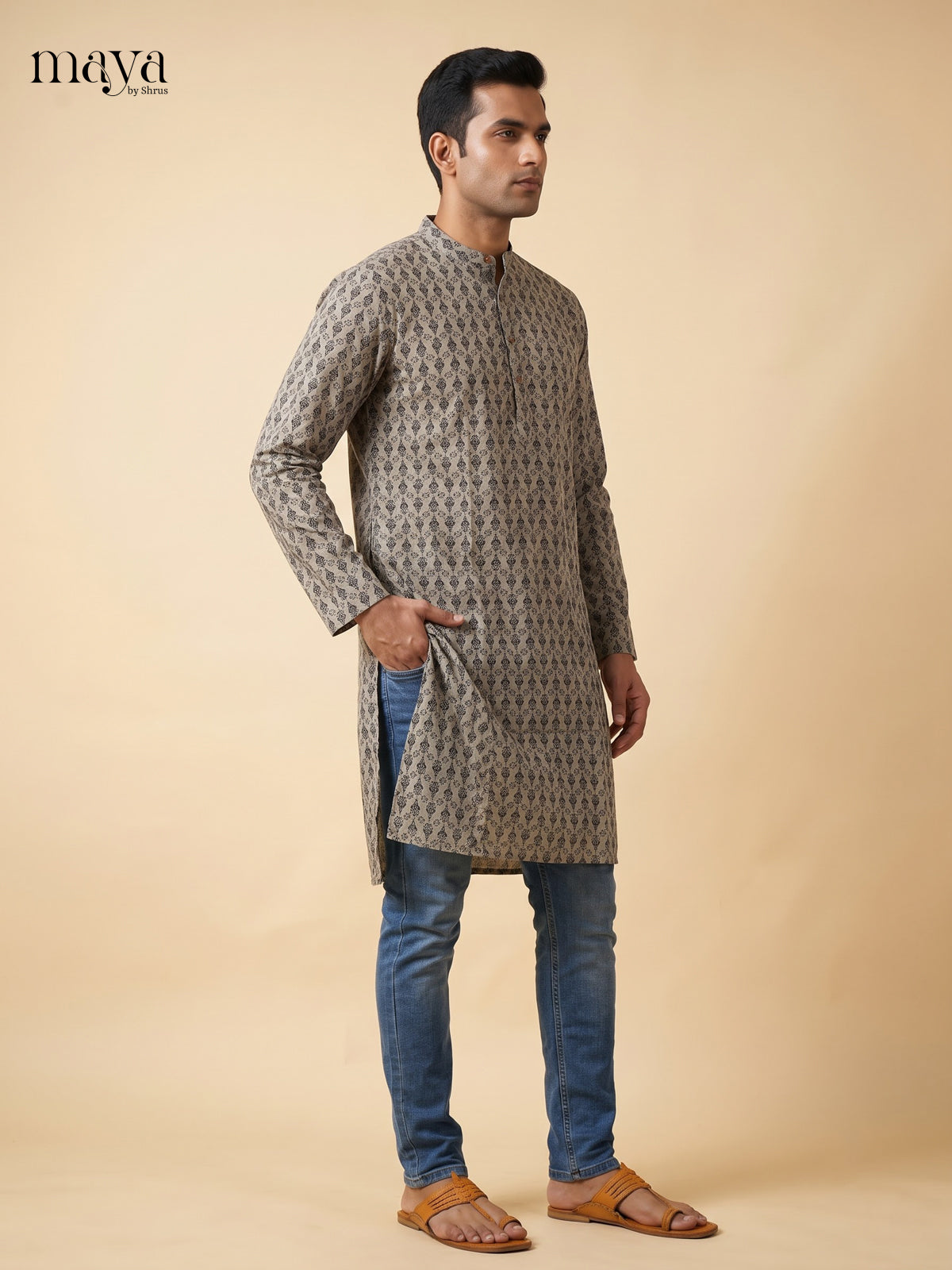 Elegant Grey block Readymade Mens long Kurta