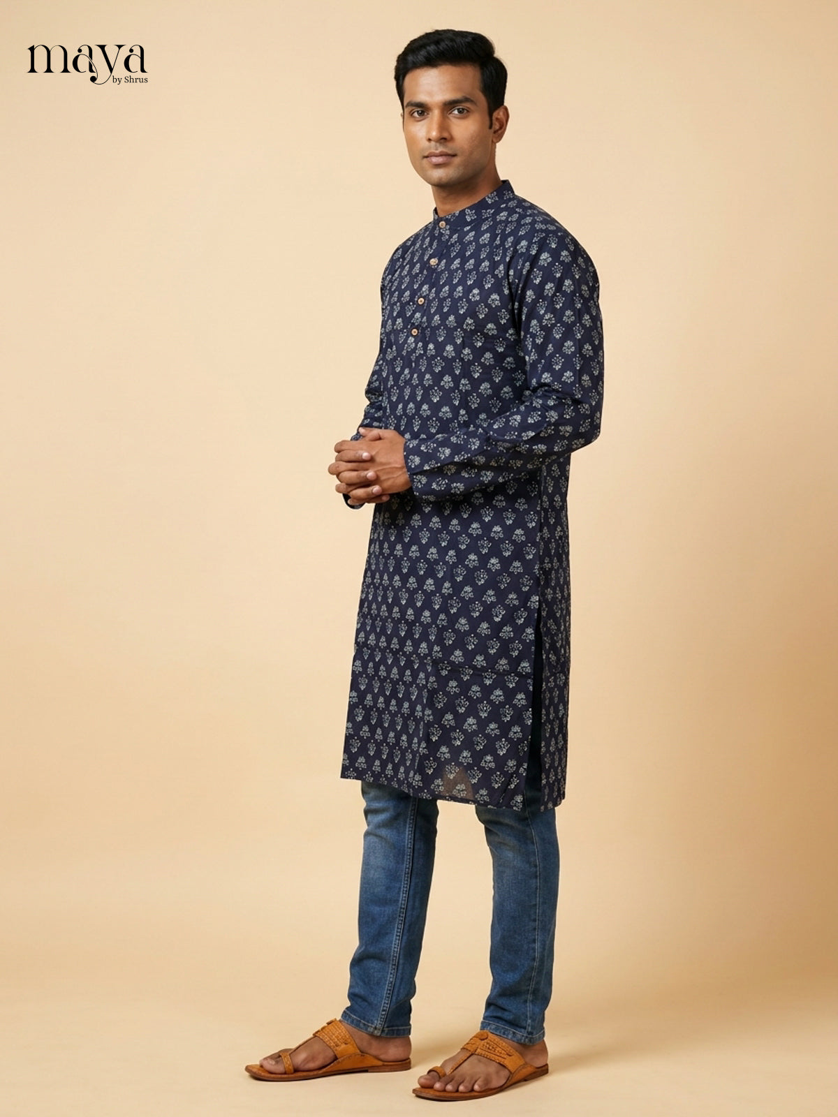 Elegant Blue Block printed Readymade Mens Long Kurta
