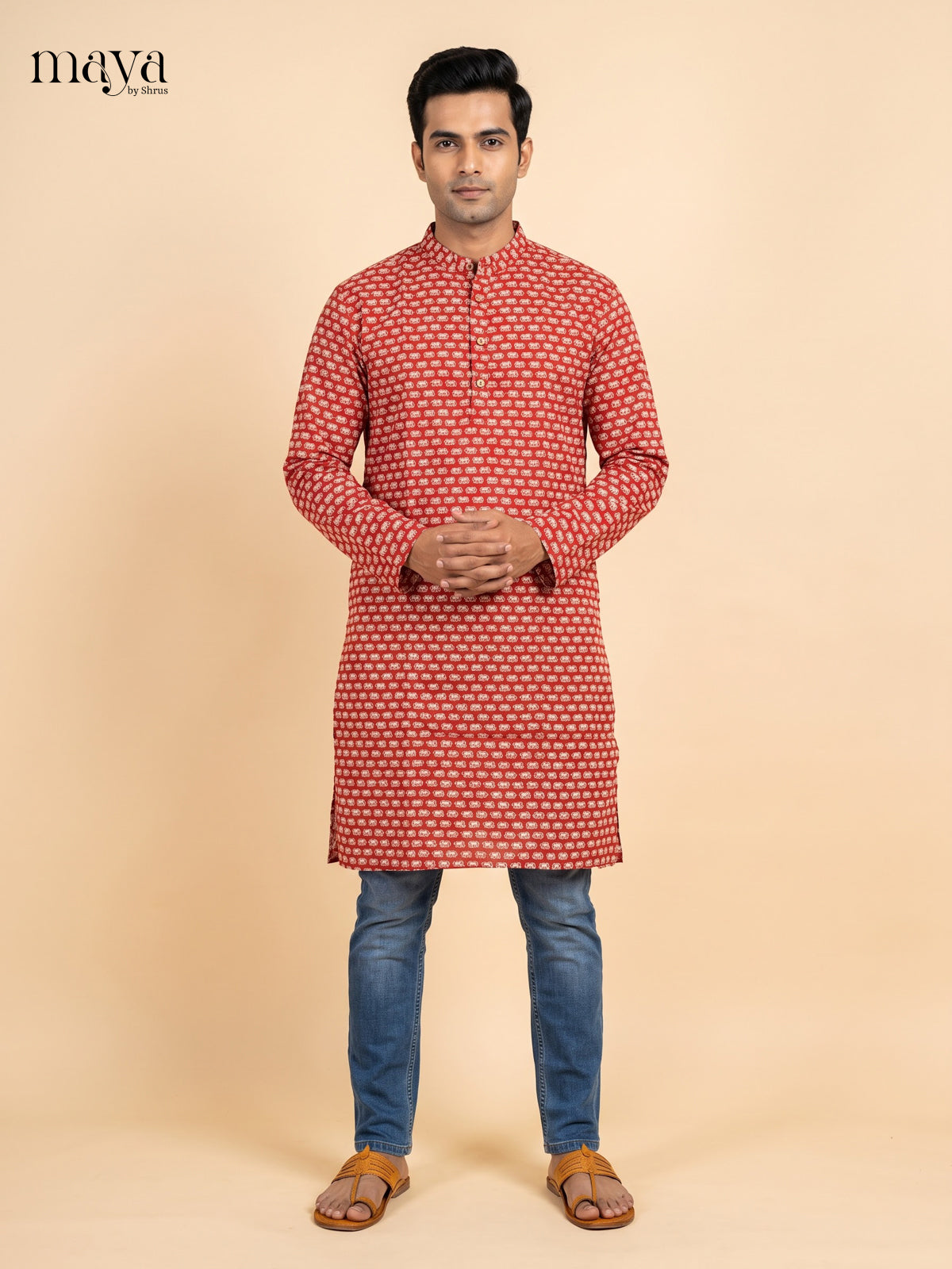 Exquisite Red Block printed Readymade Mens Long Kurta