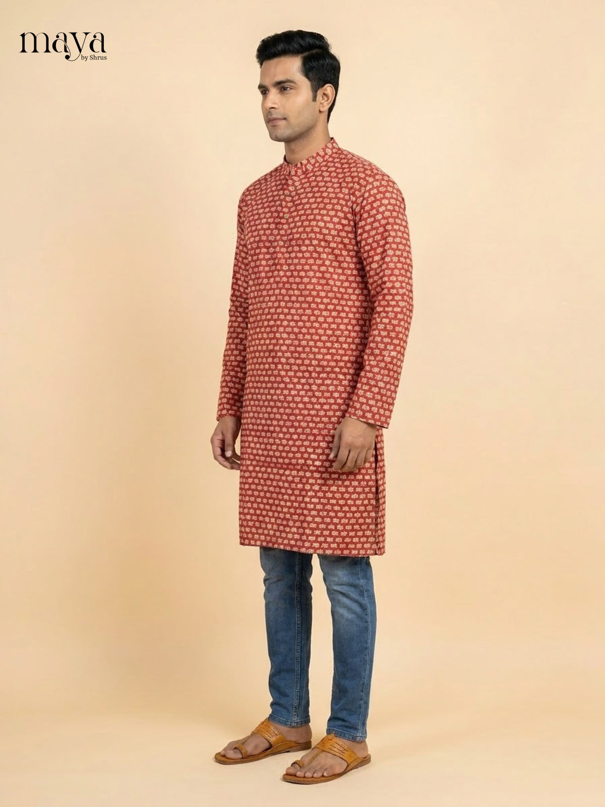 Exquisite Red Block printed Readymade Mens Long Kurta
