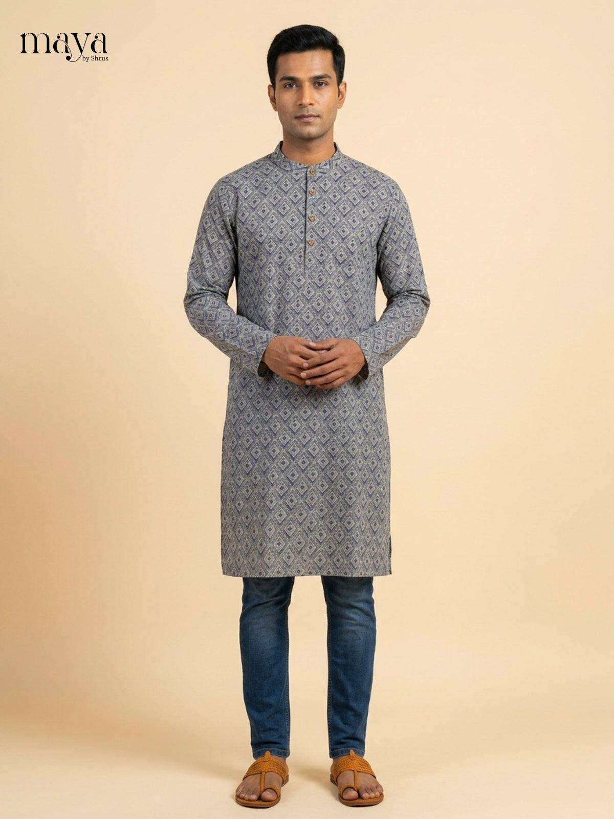 Pretty Grey geometric block printed Readymade Mens Long Kurta